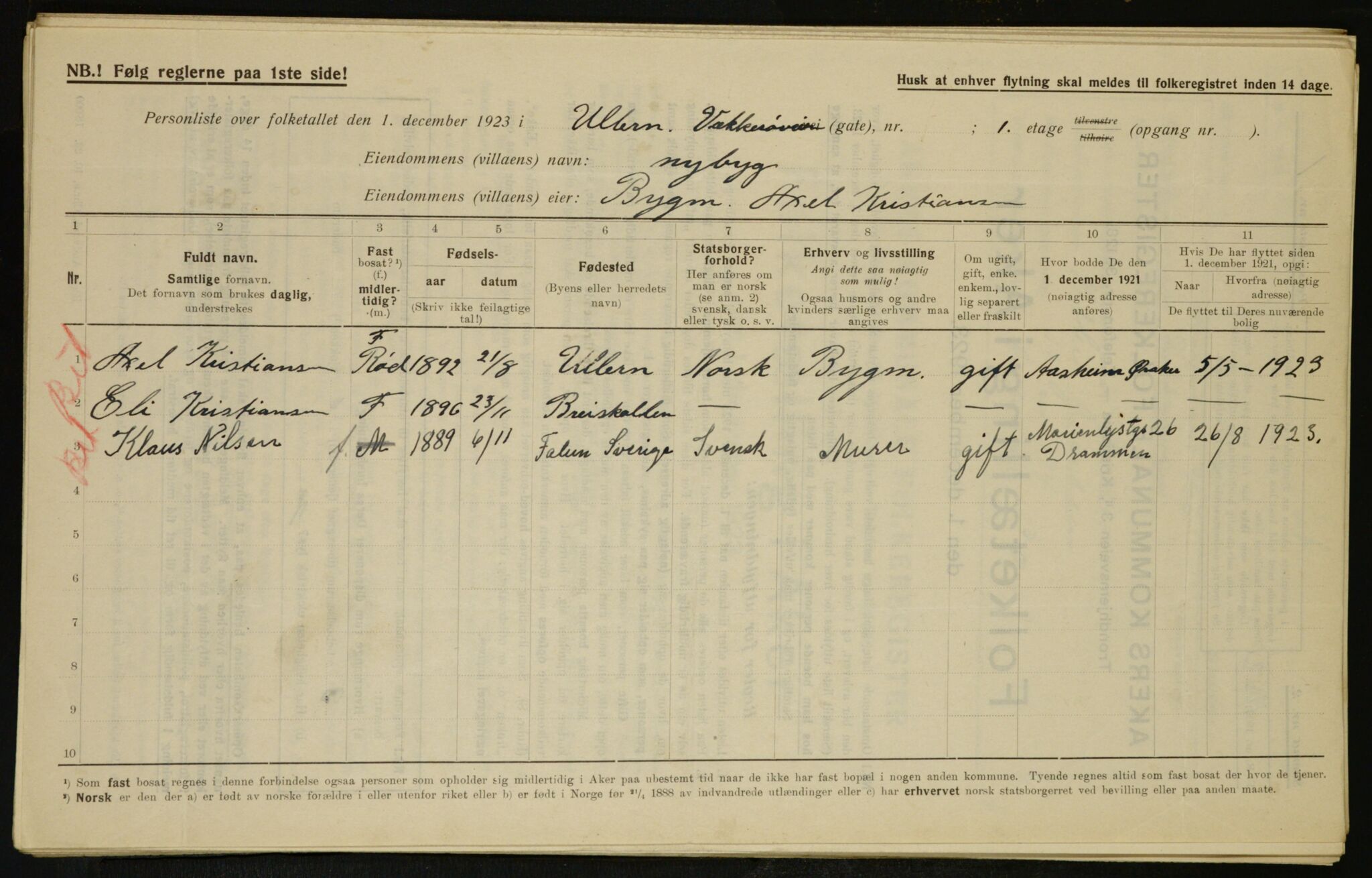 , Municipal Census 1923 for Aker, 1923, p. 7012