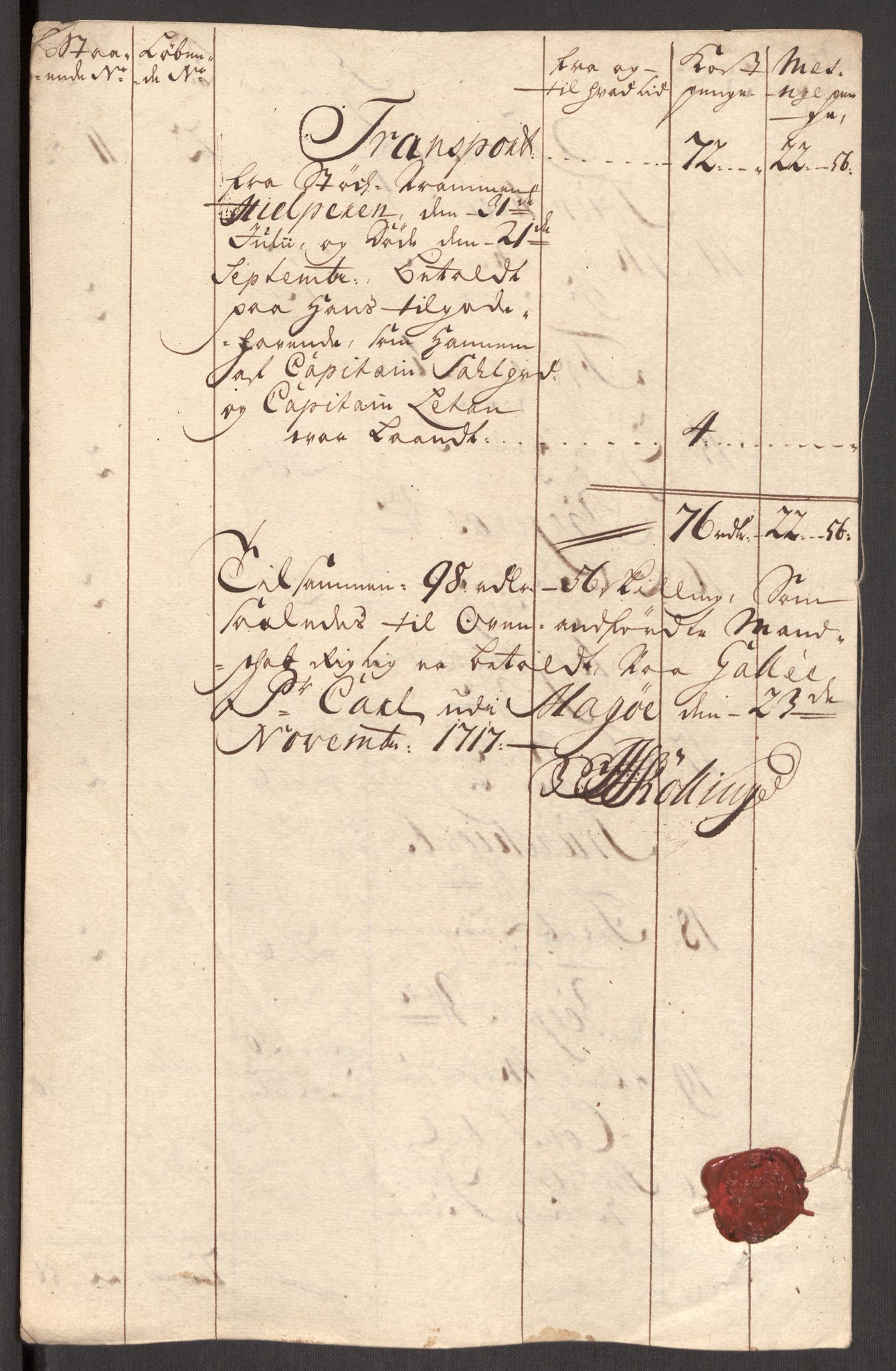 Kommanderende general (KG I) med Det norske krigsdirektorium, AV/RA-EA-5419/E/Eb/L0001: Ruller over noen kompanier som tjenestegjorde på flåten, 1712-1721, p. 485