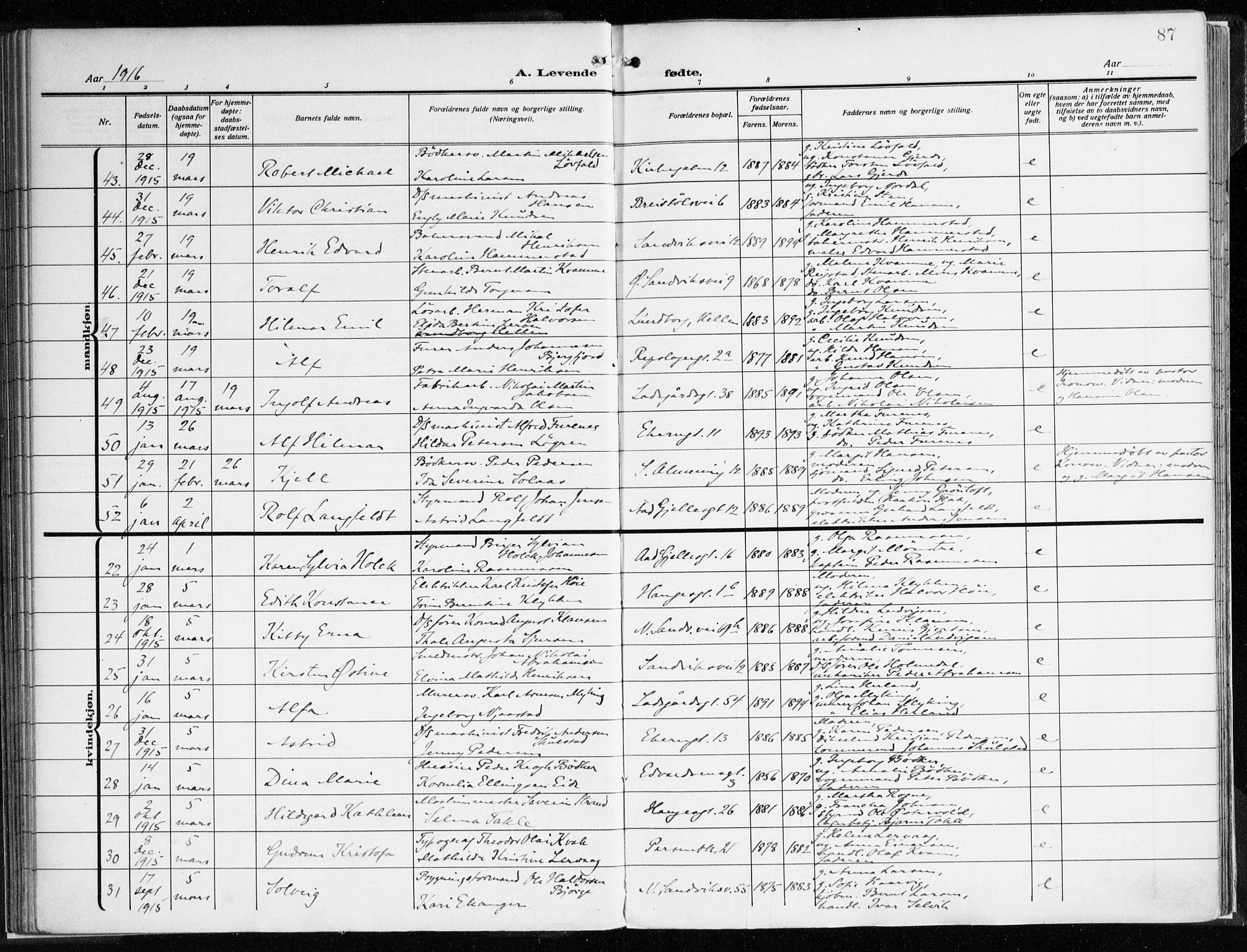 Sandviken Sokneprestembete, AV/SAB-A-77601/H/Ha/L0007: Parish register (official) no. B 4, 1912-1924, p. 87