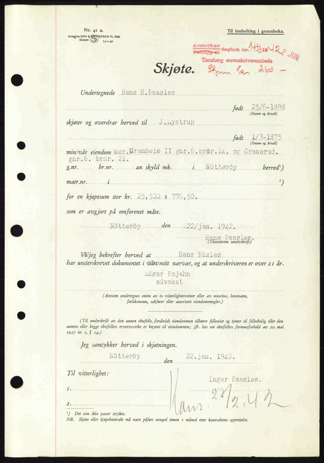 Tønsberg sorenskriveri, AV/SAKO-A-130/G/Ga/Gaa/L0011: Mortgage book no. A11, 1941-1942, Diary no: : 1433/1942