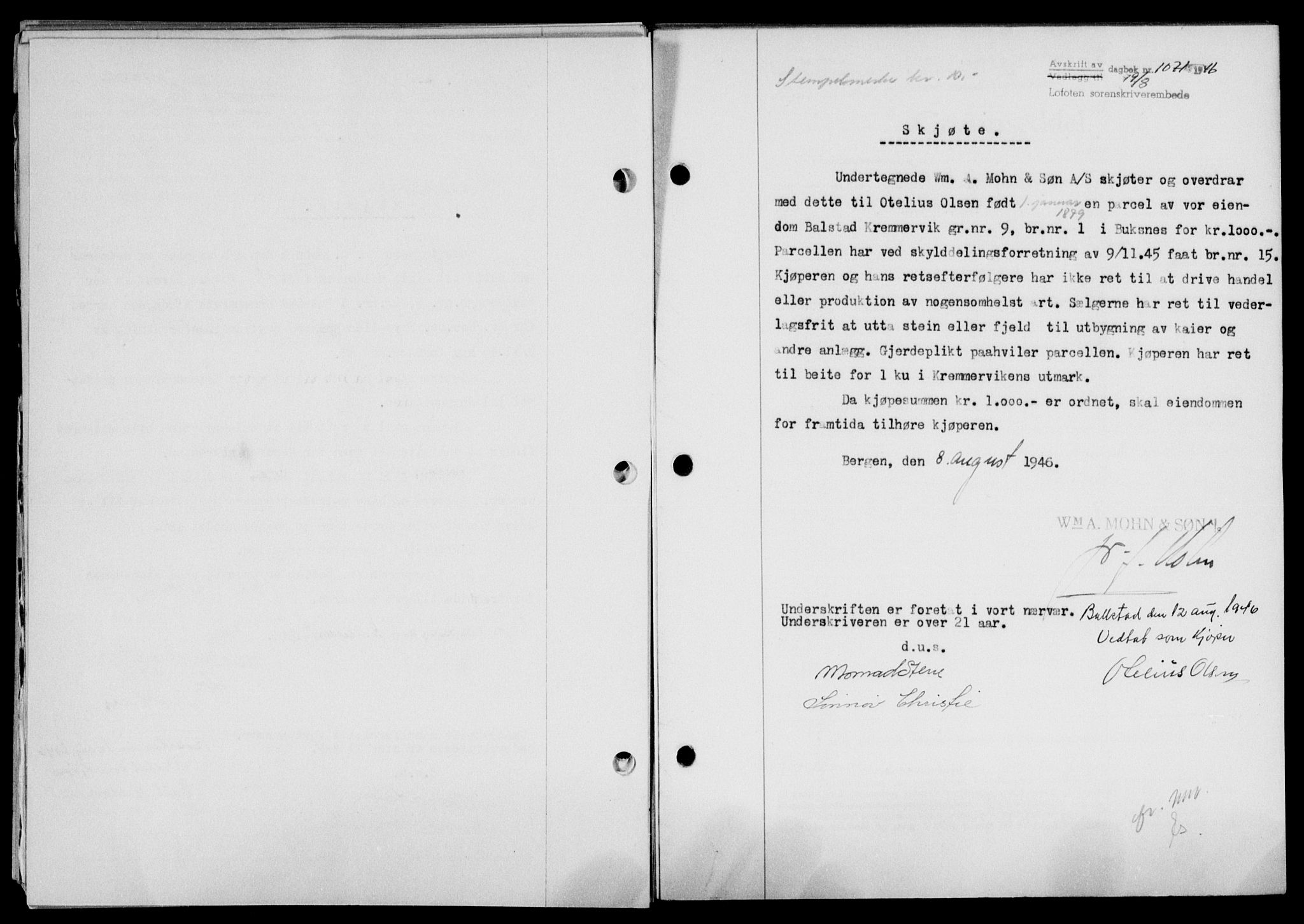 Lofoten sorenskriveri, SAT/A-0017/1/2/2C/L0014a: Mortgage book no. 14a, 1946-1946, Diary no: : 1071/1946