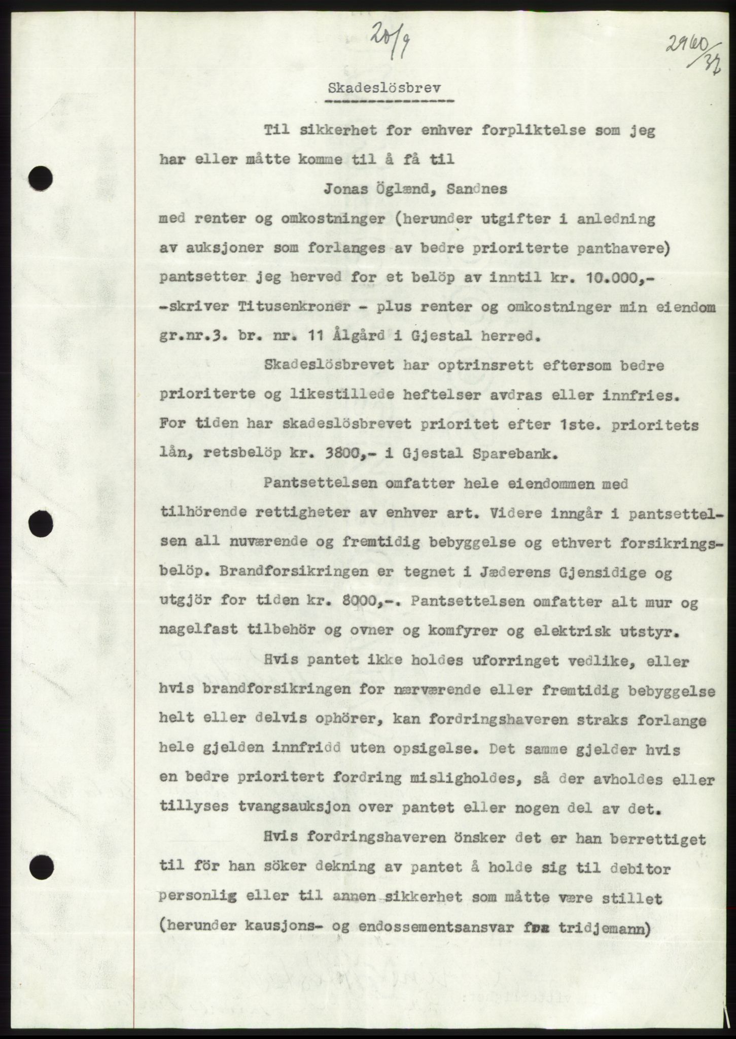 Jæren sorenskriveri, SAST/A-100310/03/G/Gba/L0069: Mortgage book, 1937-1937, Diary no: : 2960/1937