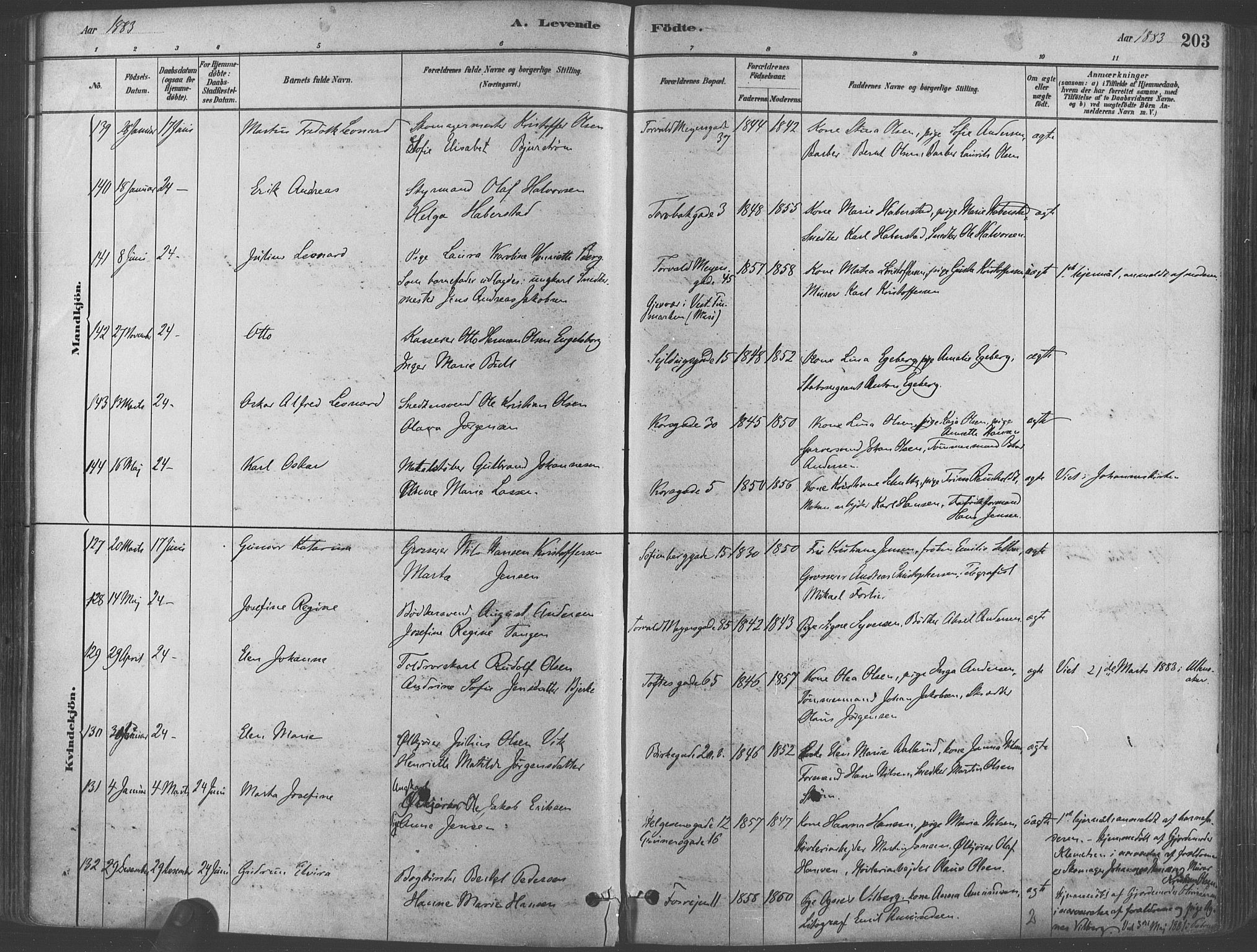 Paulus prestekontor Kirkebøker, AV/SAO-A-10871/F/Fa/L0003: Parish register (official) no. 3, 1879-1887, p. 203