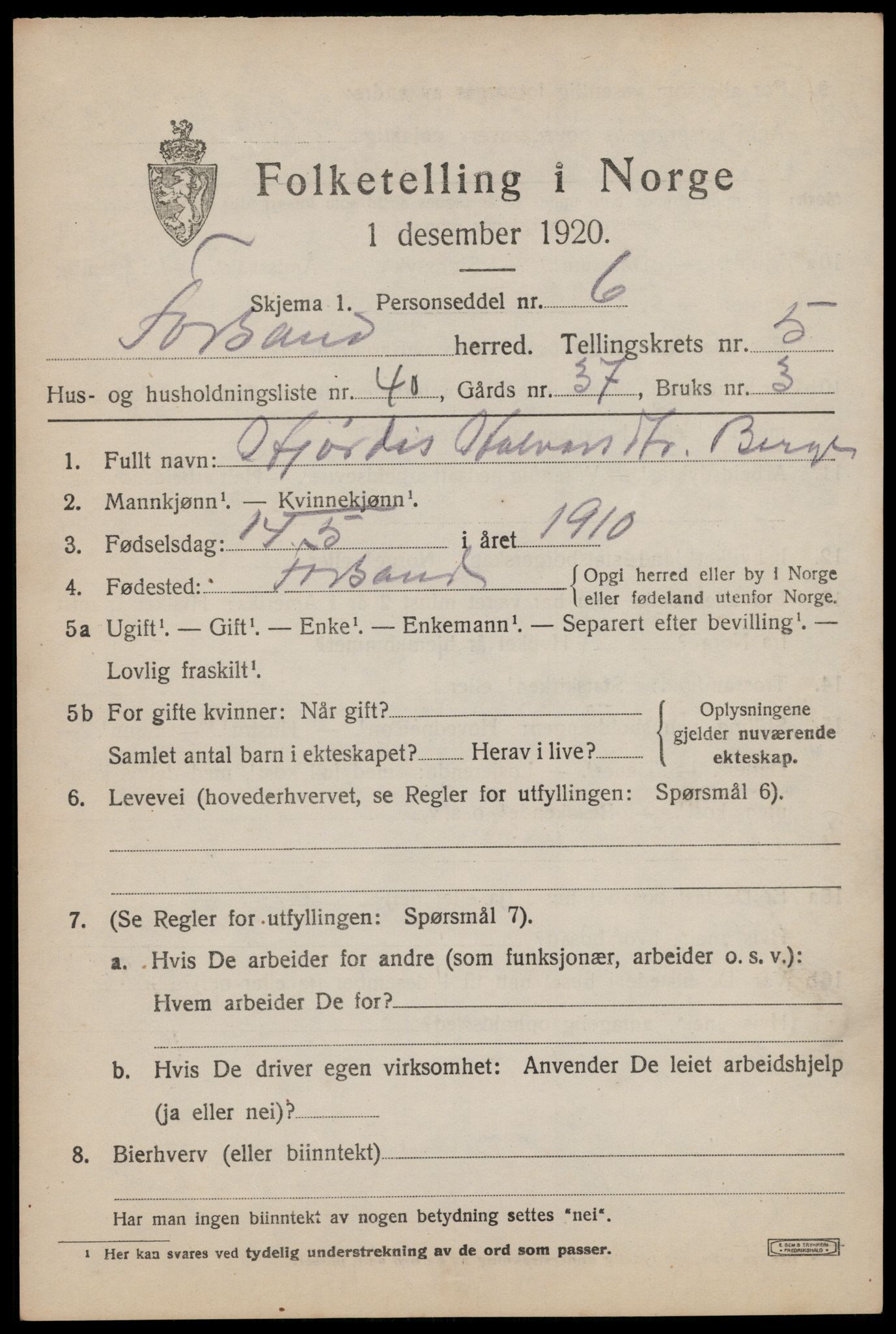 SAST, 1920 census for Forsand, 1920, p. 2171