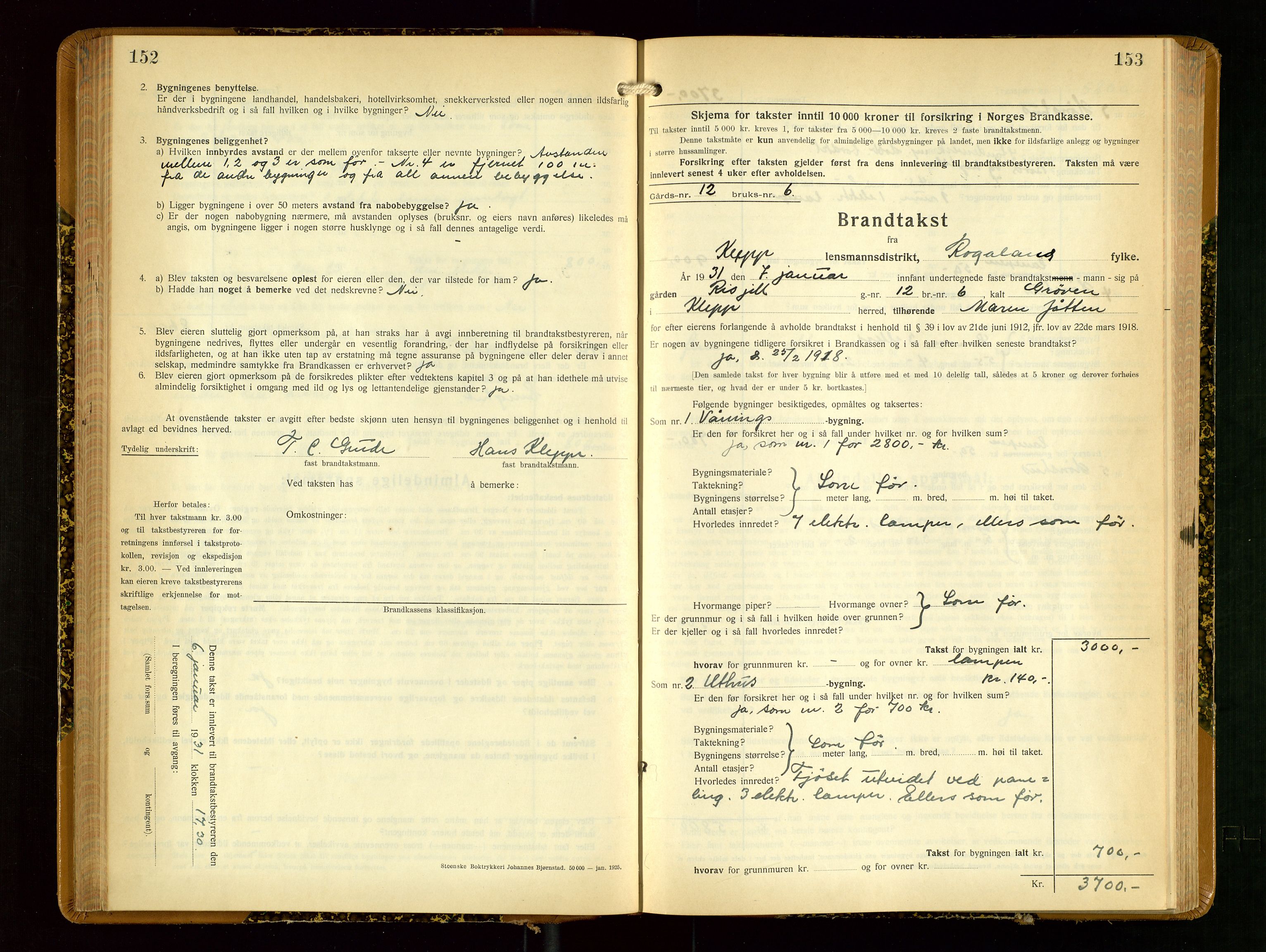 Klepp lensmannskontor, SAST/A-100163/Goc/L0012: "Brandtakstprotokoll" m/register, 1929-1933, p. 152-153