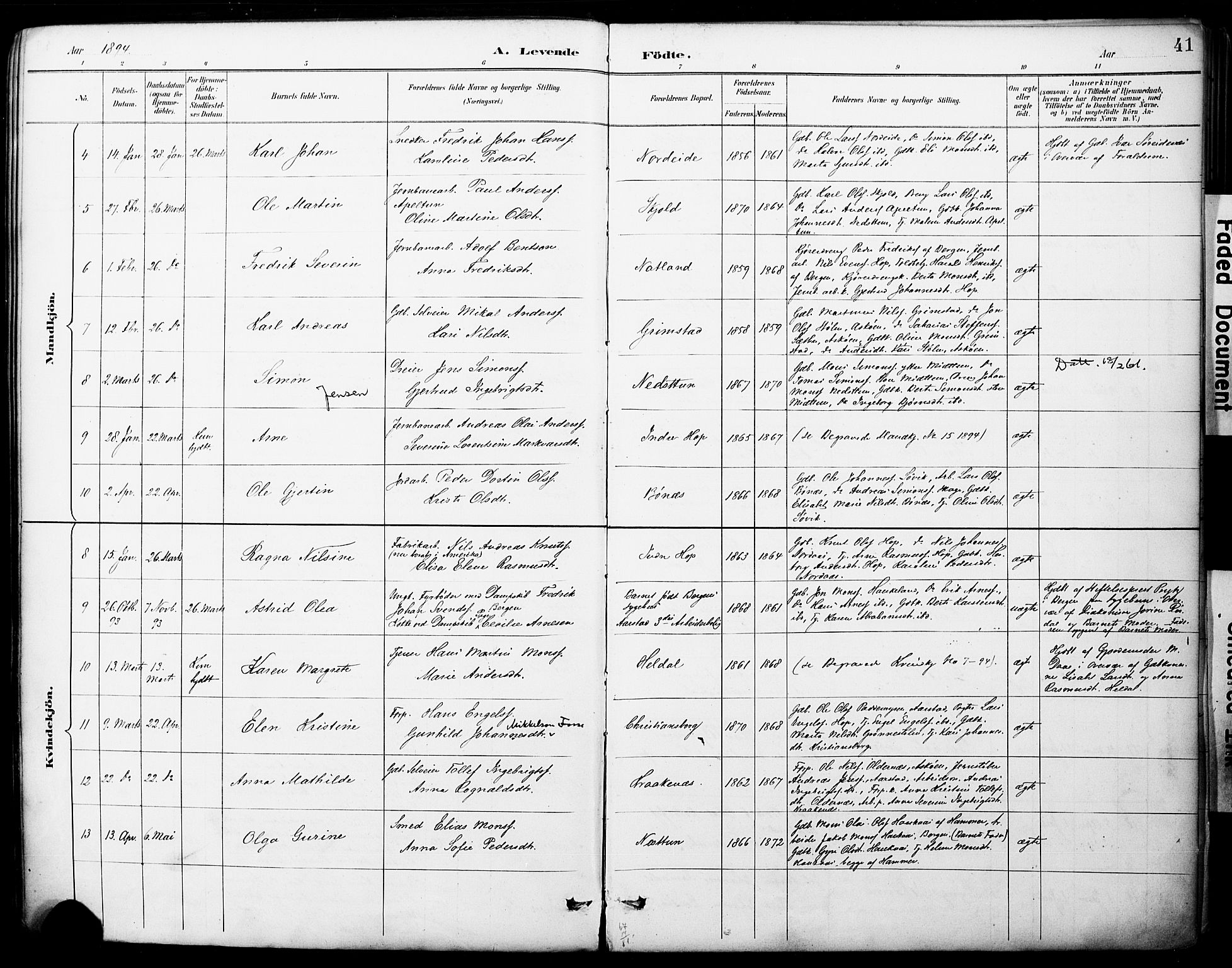 Fana Sokneprestembete, AV/SAB-A-75101/H/Haa/Haai/L0002: Parish register (official) no. I 2, 1888-1899, p. 41