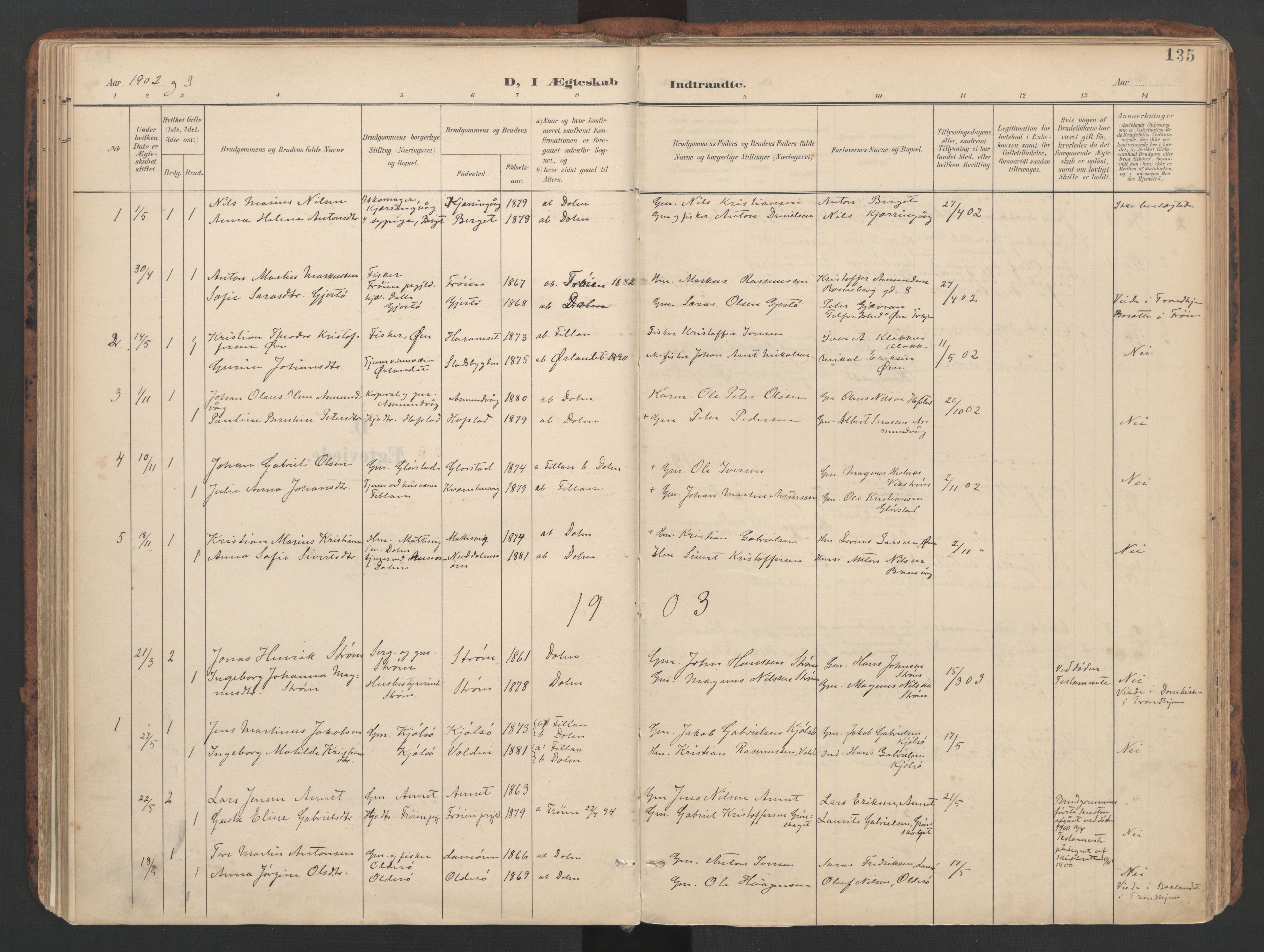 Ministerialprotokoller, klokkerbøker og fødselsregistre - Sør-Trøndelag, SAT/A-1456/634/L0537: Parish register (official) no. 634A13, 1896-1922, p. 135