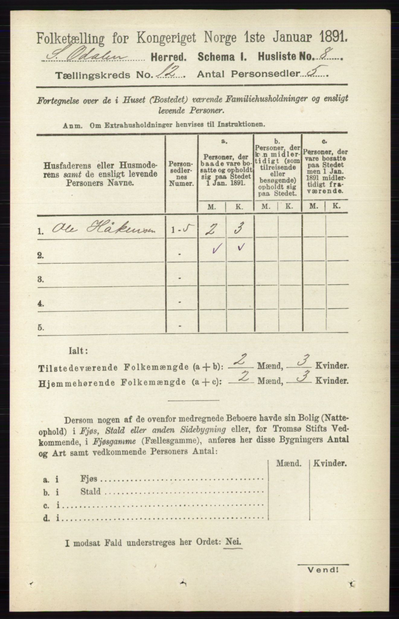 RA, 1891 census for 0419 Sør-Odal, 1891, p. 5374