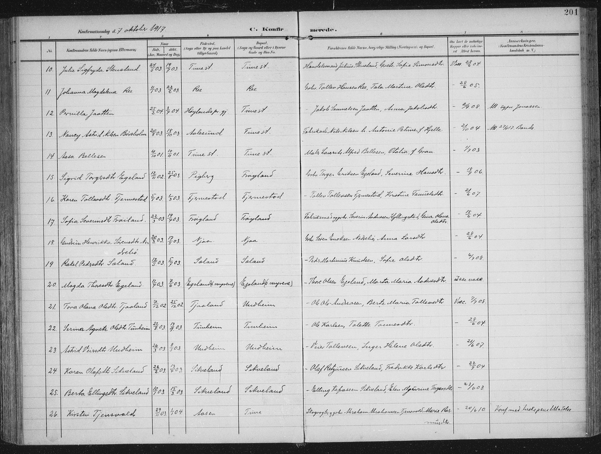 Lye sokneprestkontor, AV/SAST-A-101794/002/A/L0001: Parish register (official) no. A 12, 1904-1920, p. 201