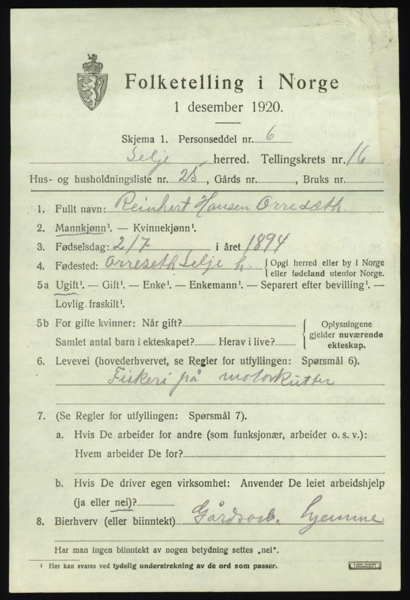 SAB, 1920 census for Selje, 1920, p. 7511