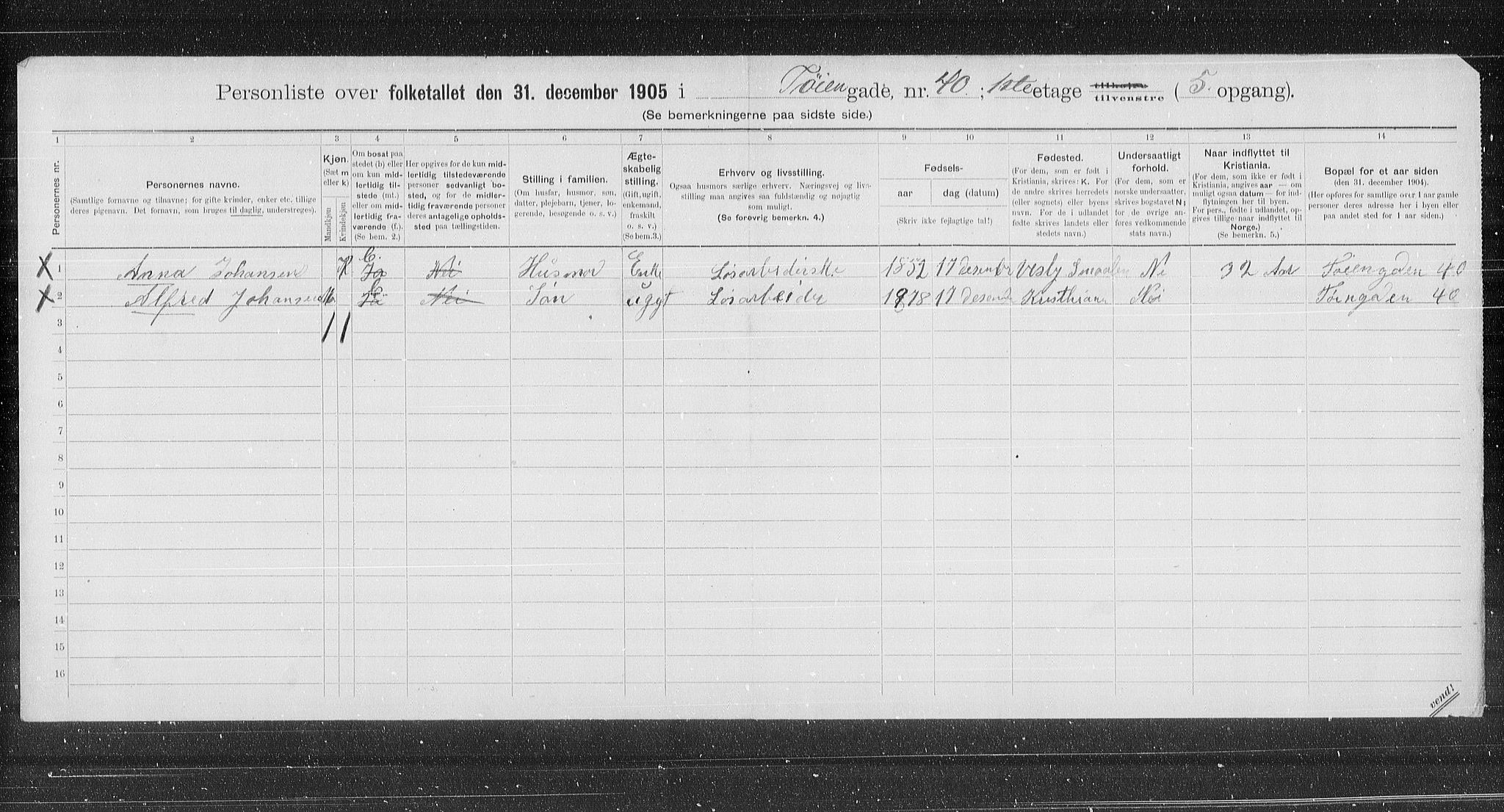 OBA, Municipal Census 1905 for Kristiania, 1905, p. 62276