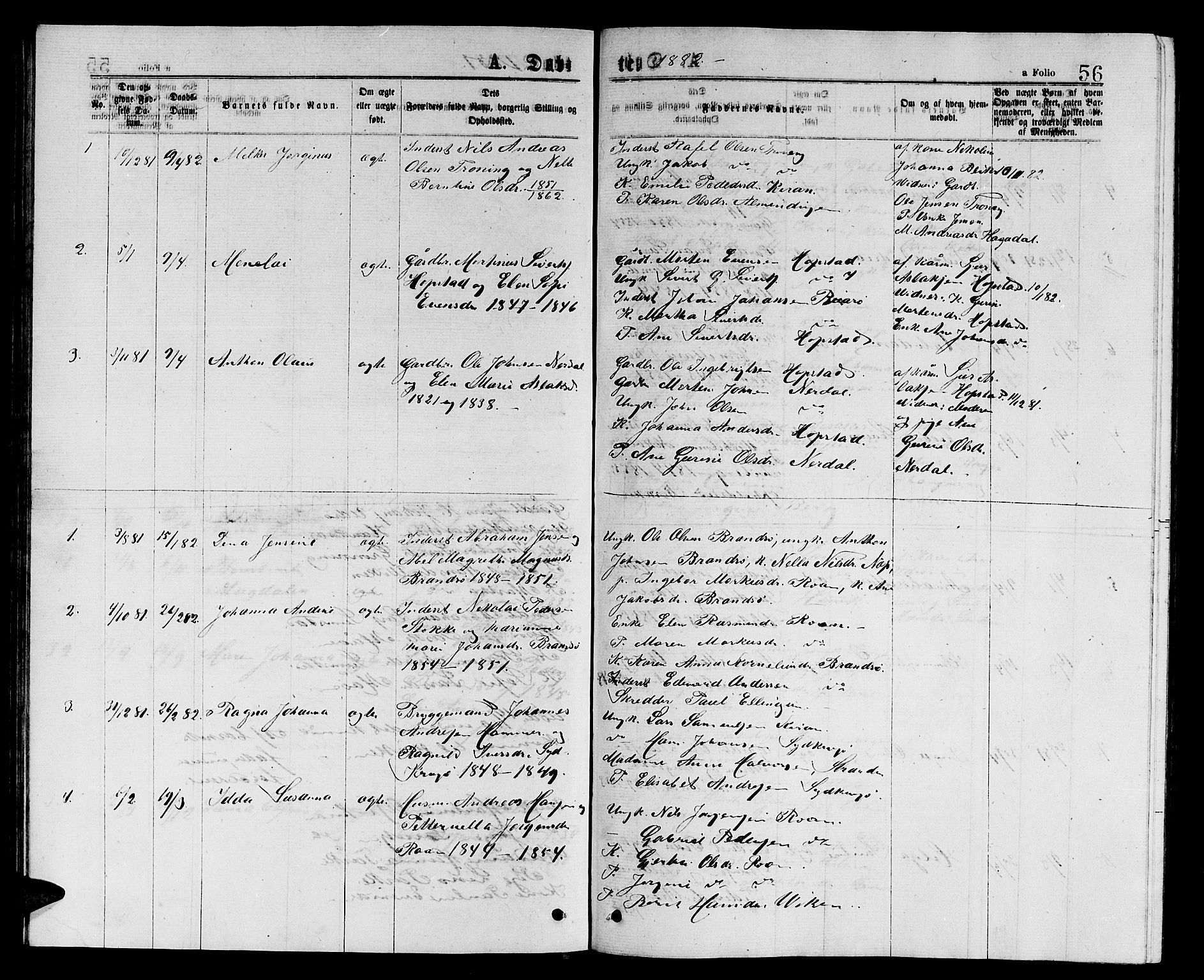 Ministerialprotokoller, klokkerbøker og fødselsregistre - Sør-Trøndelag, SAT/A-1456/657/L0715: Parish register (copy) no. 657C02, 1873-1888, p. 56