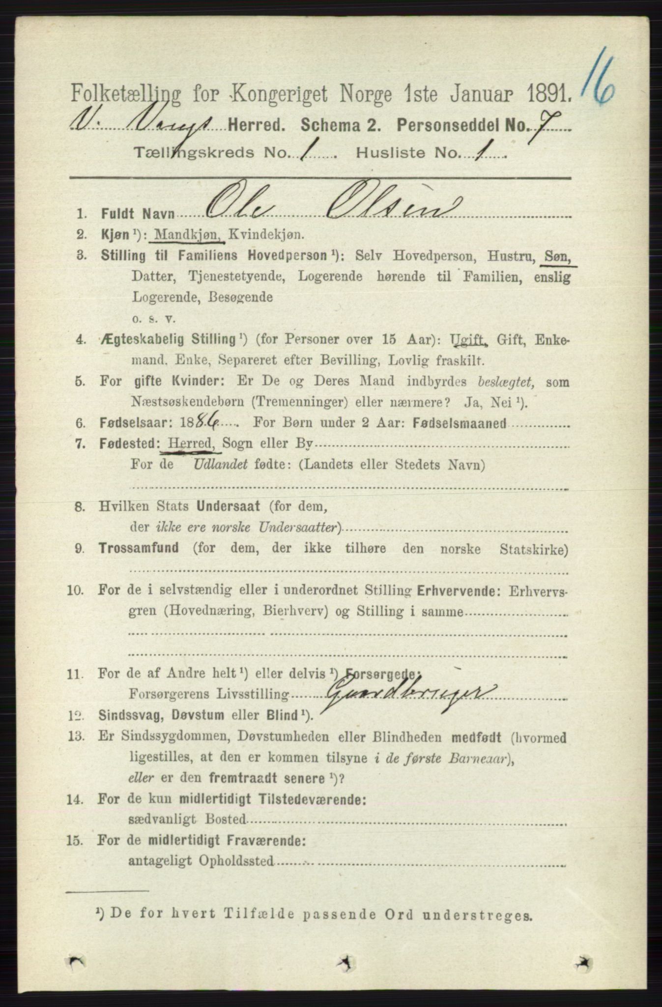 RA, 1891 census for 0545 Vang, 1891, p. 84