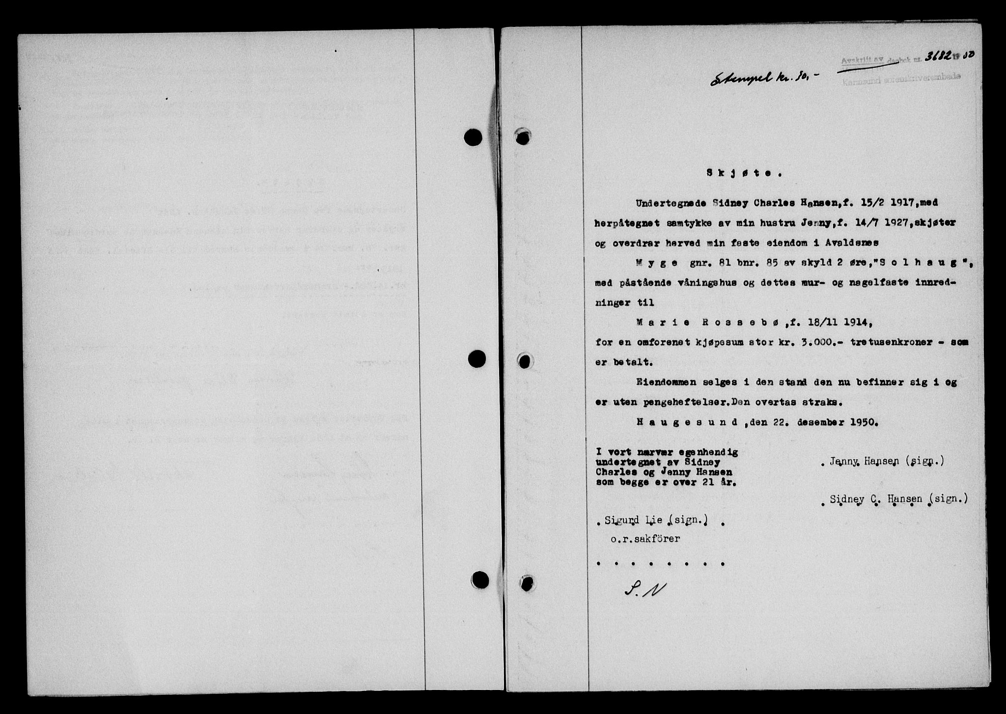 Karmsund sorenskriveri, SAST/A-100311/01/II/IIB/L0101: Mortgage book no. 81A, 1950-1951, Diary no: : 3682/1950