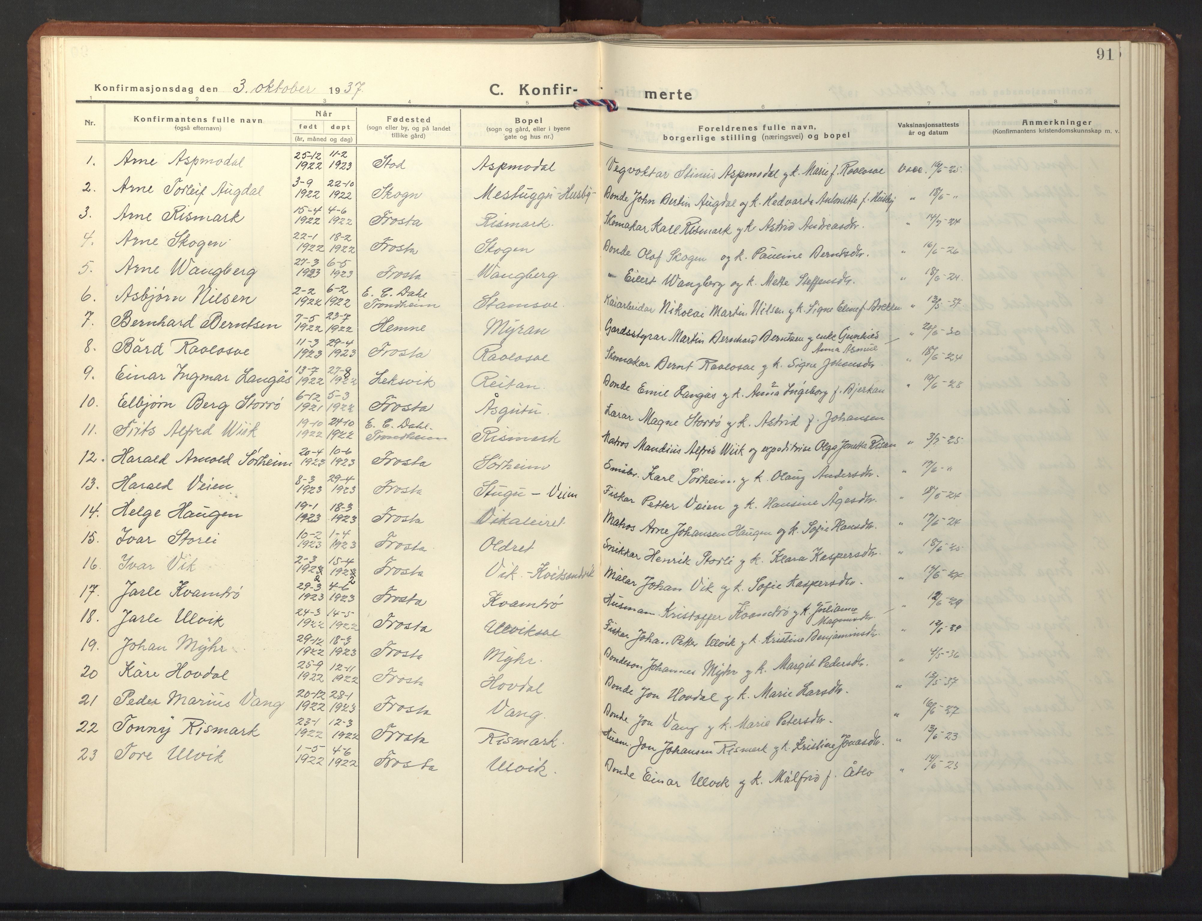 Ministerialprotokoller, klokkerbøker og fødselsregistre - Nord-Trøndelag, SAT/A-1458/713/L0125: Parish register (copy) no. 713C02, 1931-1941, p. 91
