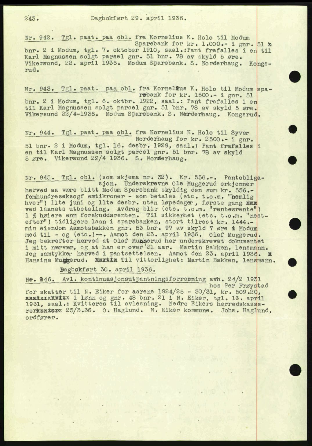 Eiker, Modum og Sigdal sorenskriveri, SAKO/A-123/G/Ga/Gab/L0032: Mortgage book no. A2, 1936-1936, Diary no: : 942/1936