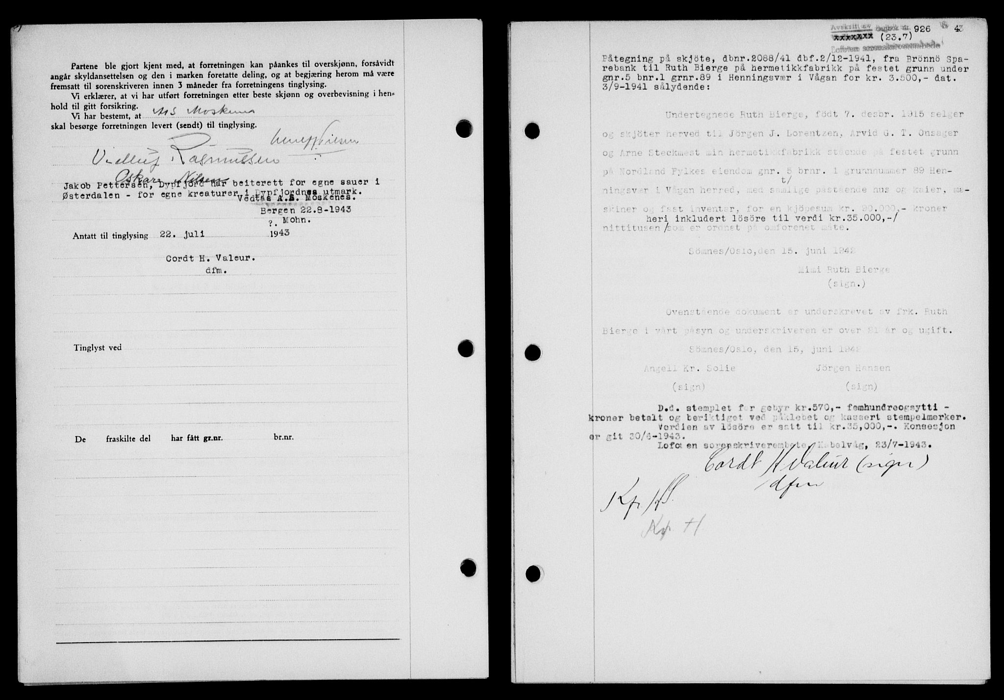 Lofoten sorenskriveri, SAT/A-0017/1/2/2C/L0011a: Mortgage book no. 11a, 1943-1943, Diary no: : 926/1943