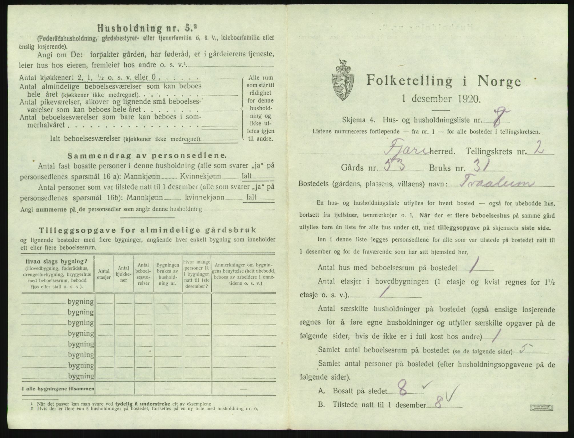 SAK, 1920 census for Fjære, 1920, p. 301