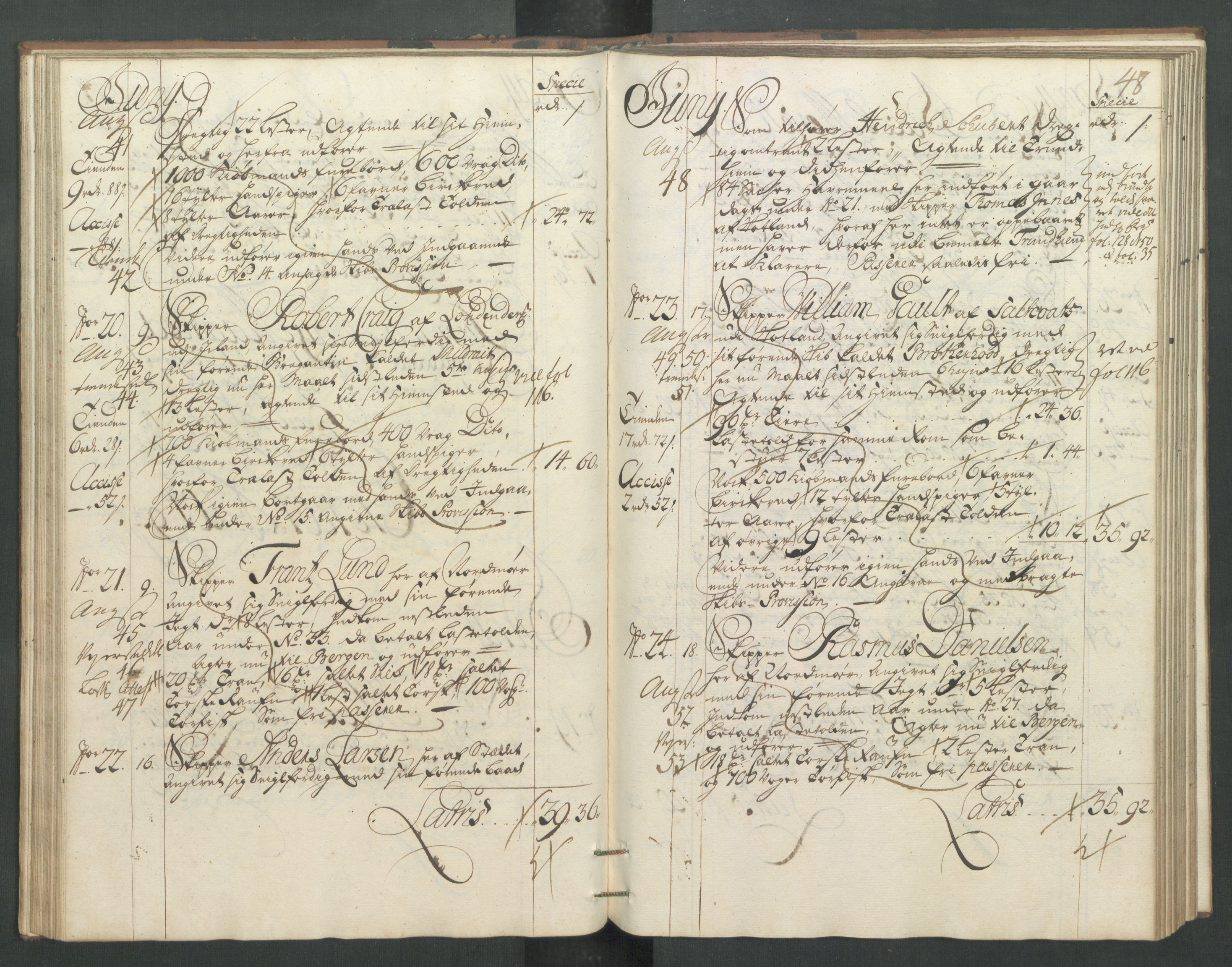 Generaltollkammeret, tollregnskaper, RA/EA-5490/R32/L0005/0001: Tollregnskaper Kristiansund / Hovedtollbok, 1733, p. 47b-48a