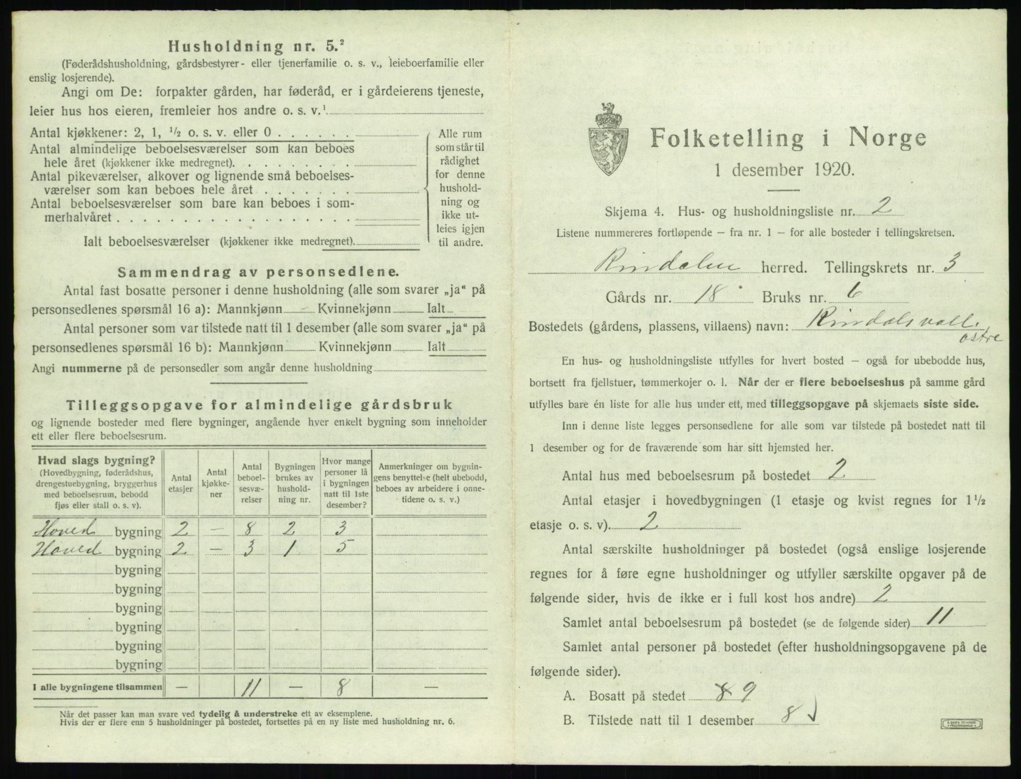 SAT, 1920 census for Rindal, 1920, p. 190
