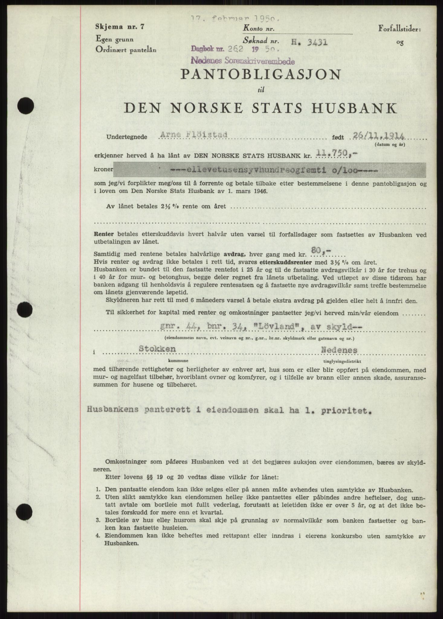 Nedenes sorenskriveri, SAK/1221-0006/G/Gb/Gbb/L0007: Mortgage book no. B7, 1949-1950, Diary no: : 262/1950