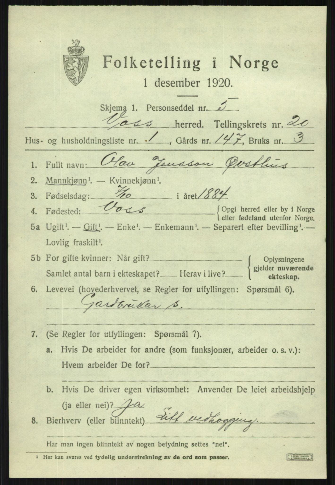 SAB, 1920 census for Voss, 1920, p. 14737