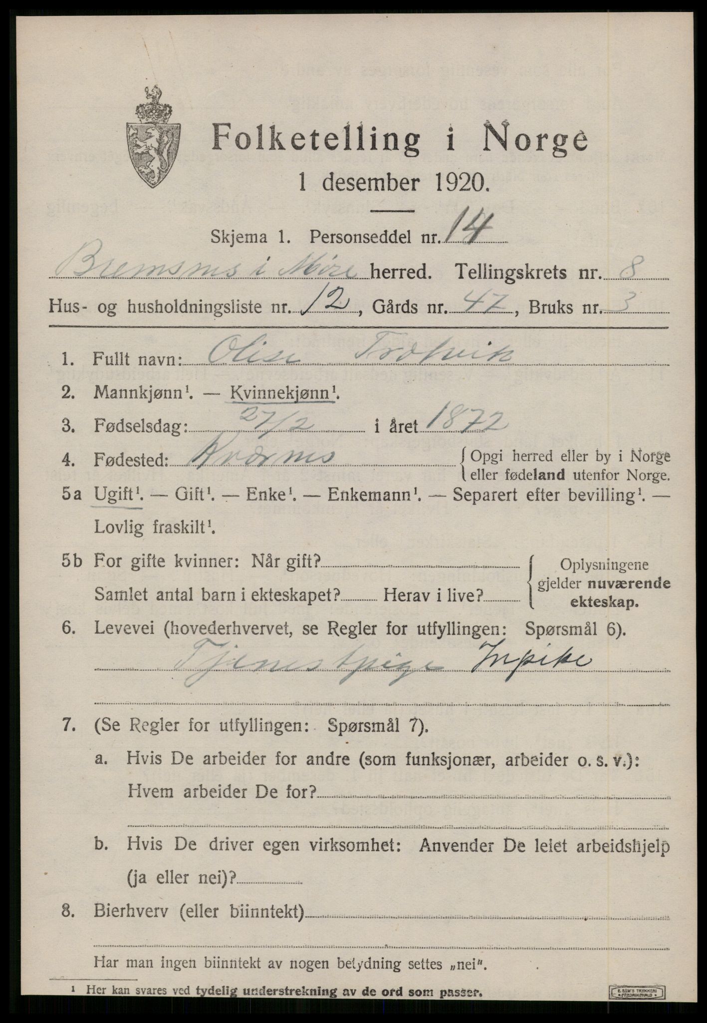 SAT, 1920 census for Bremsnes, 1920, p. 6877