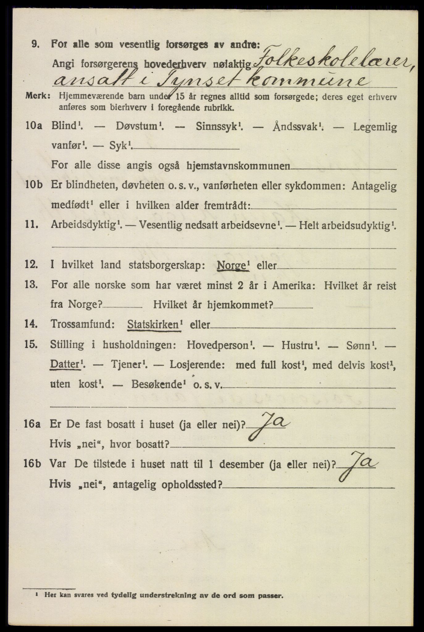 SAH, 1920 census for Tynset, 1920, p. 3181