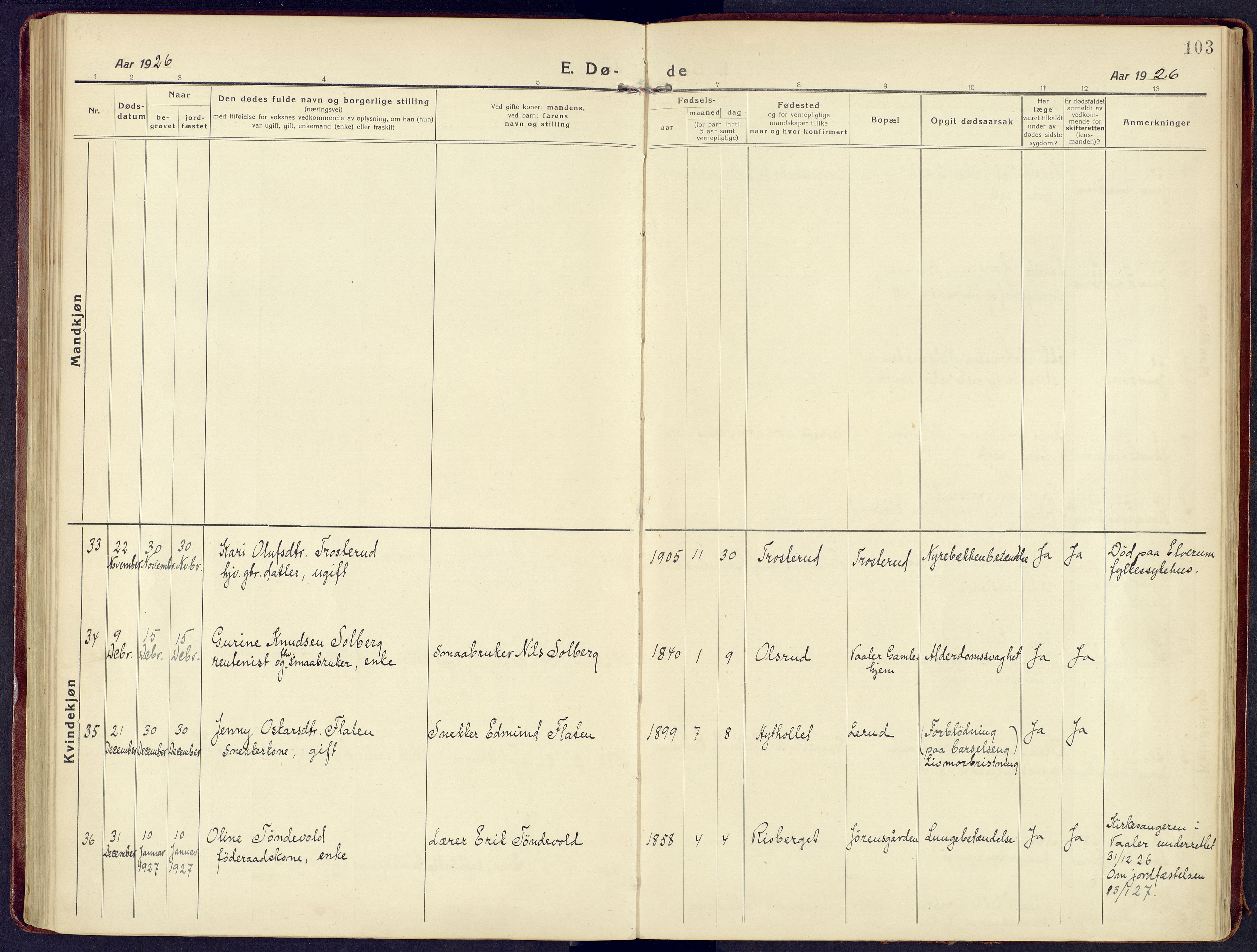 Våler prestekontor, Hedmark, AV/SAH-PREST-040/H/Ha/Haa/L0011: Parish register (official) no. 11, 1919-1933, p. 103