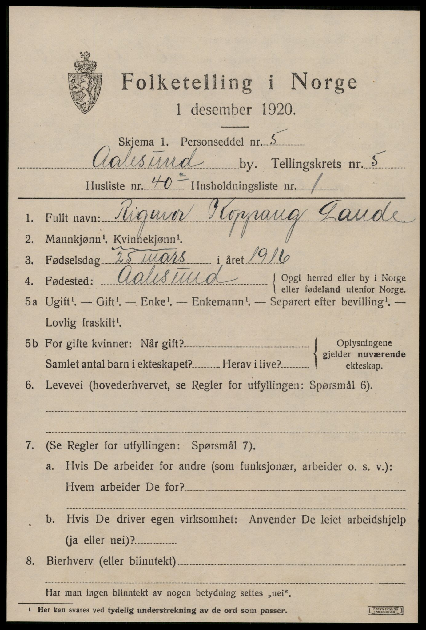 SAT, 1920 census for Ålesund, 1920, p. 17622