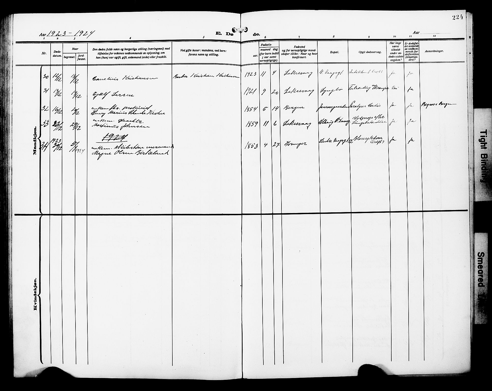 Laksevåg Sokneprestembete, AV/SAB-A-76501/H/Ha/Hab/Haba/L0006: Parish register (copy) no. A 6, 1917-1925, p. 224