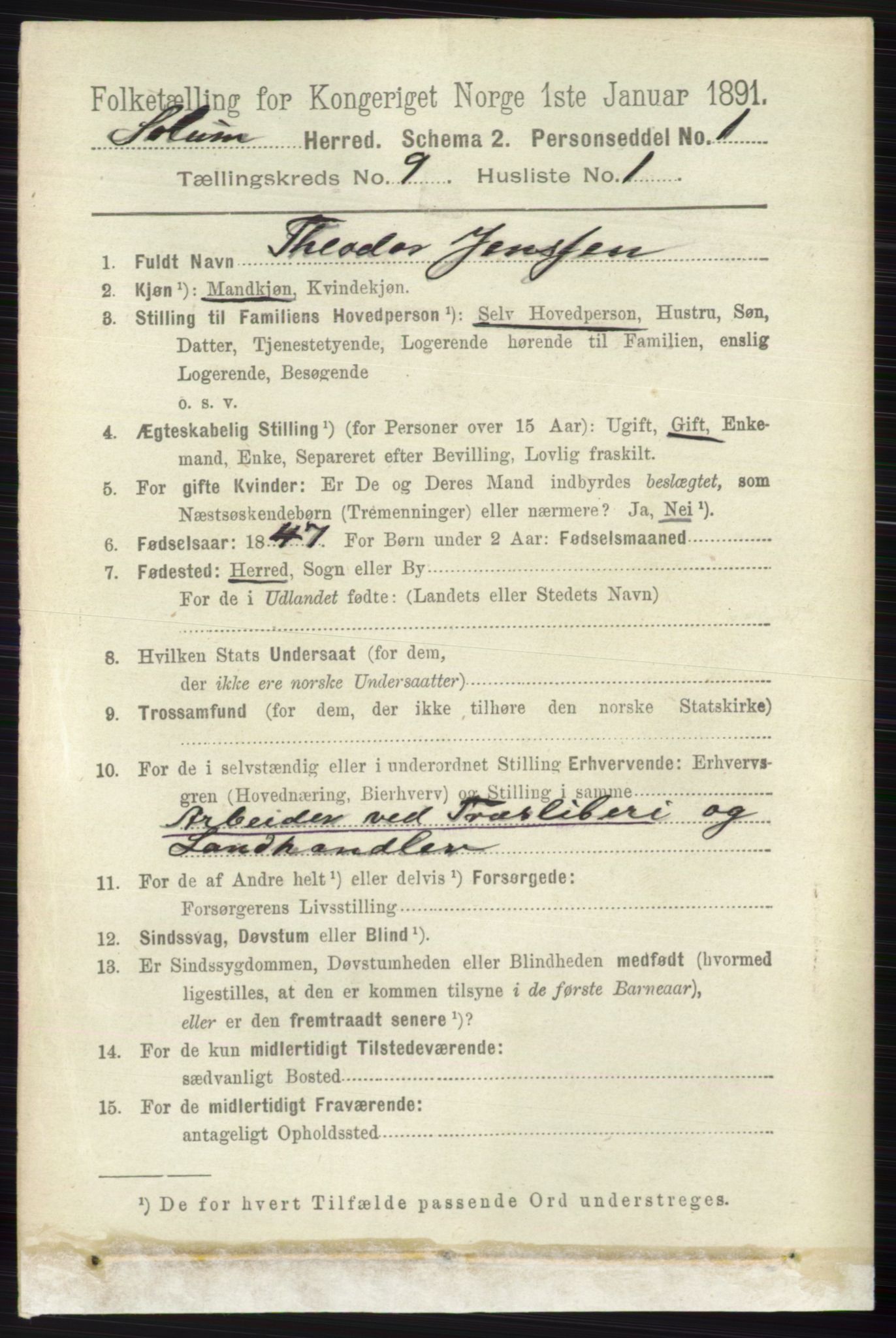RA, 1891 census for 0818 Solum, 1891, p. 1940