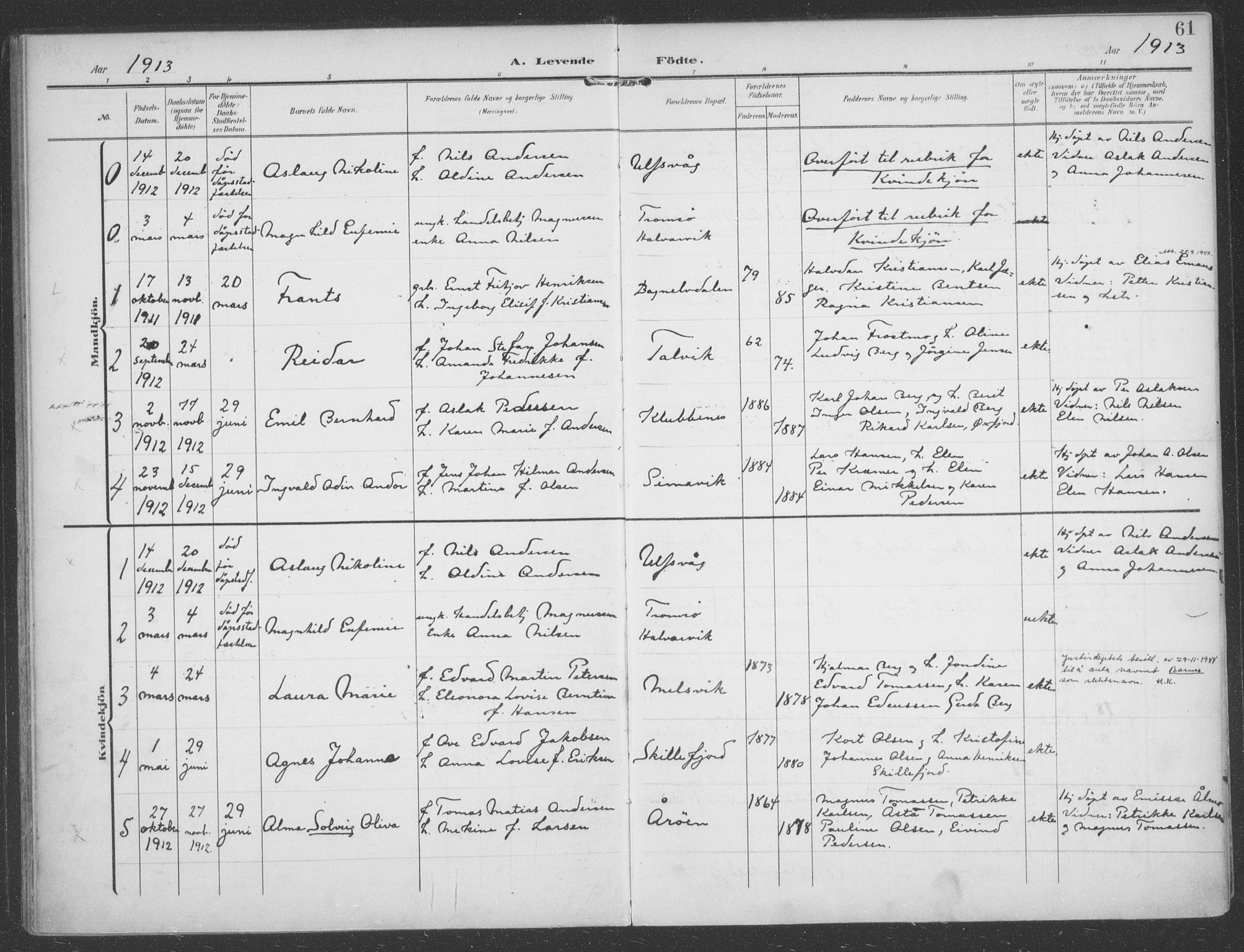 Talvik sokneprestkontor, AV/SATØ-S-1337/H/Ha/L0017kirke: Parish register (official) no. 17, 1906-1915, p. 61