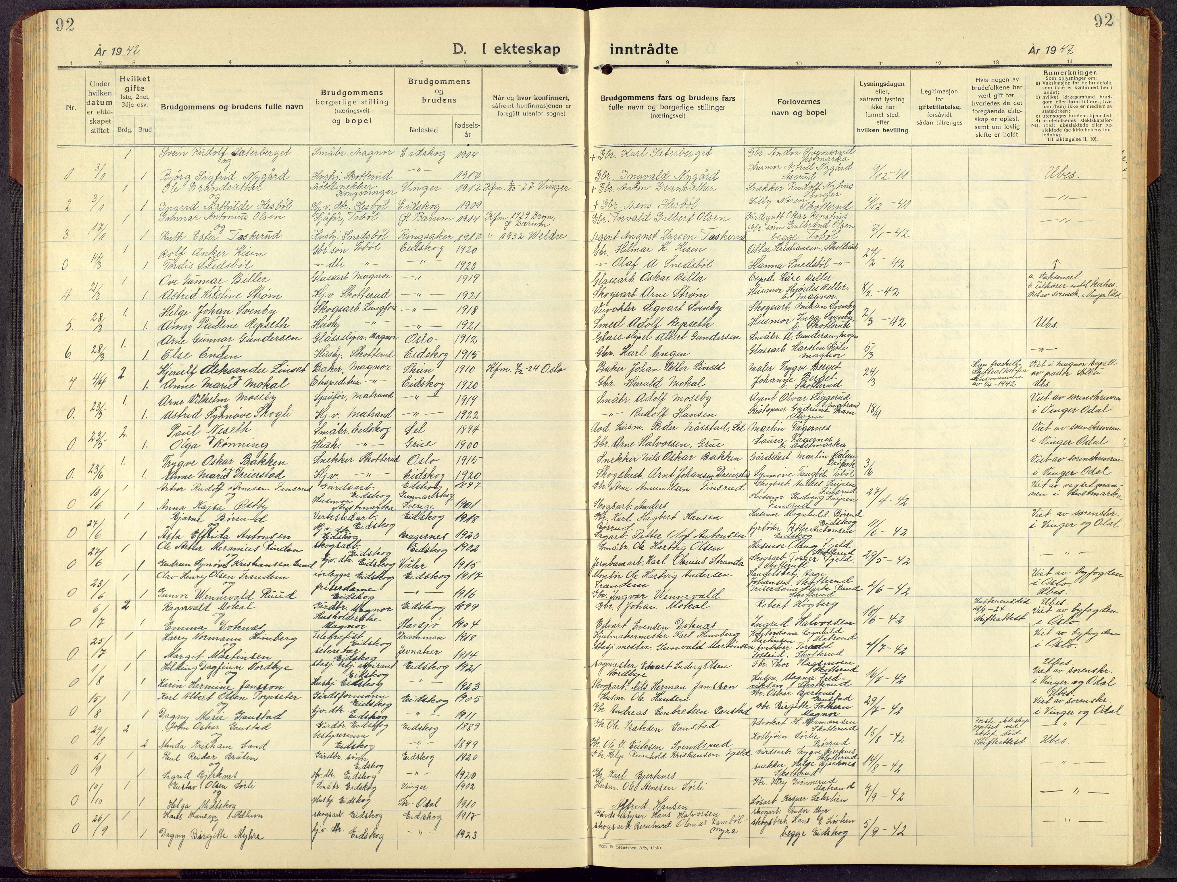 Eidskog prestekontor, AV/SAH-PREST-026/H/Ha/Hab/L0008: Parish register (copy) no. 8, 1938-1959, p. 92