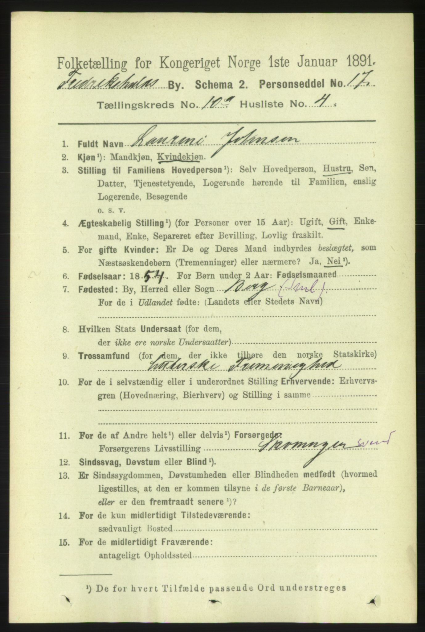 RA, 1891 census for 0101 Fredrikshald, 1891, p. 7033