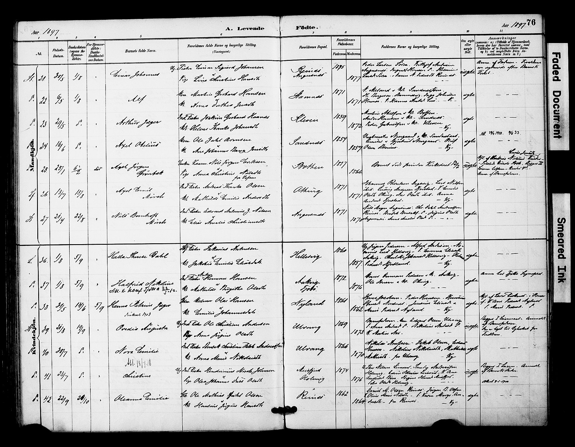 Ministerialprotokoller, klokkerbøker og fødselsregistre - Nordland, AV/SAT-A-1459/831/L0471: Parish register (official) no. 831A02, 1886-1901, p. 76