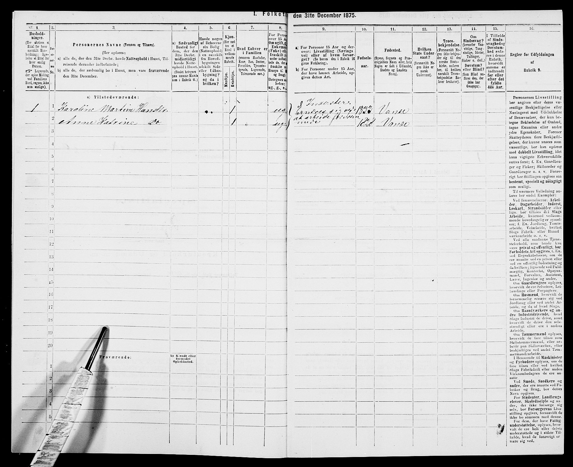 SAK, 1875 census for 1041L Vanse/Vanse og Farsund, 1875, p. 1482