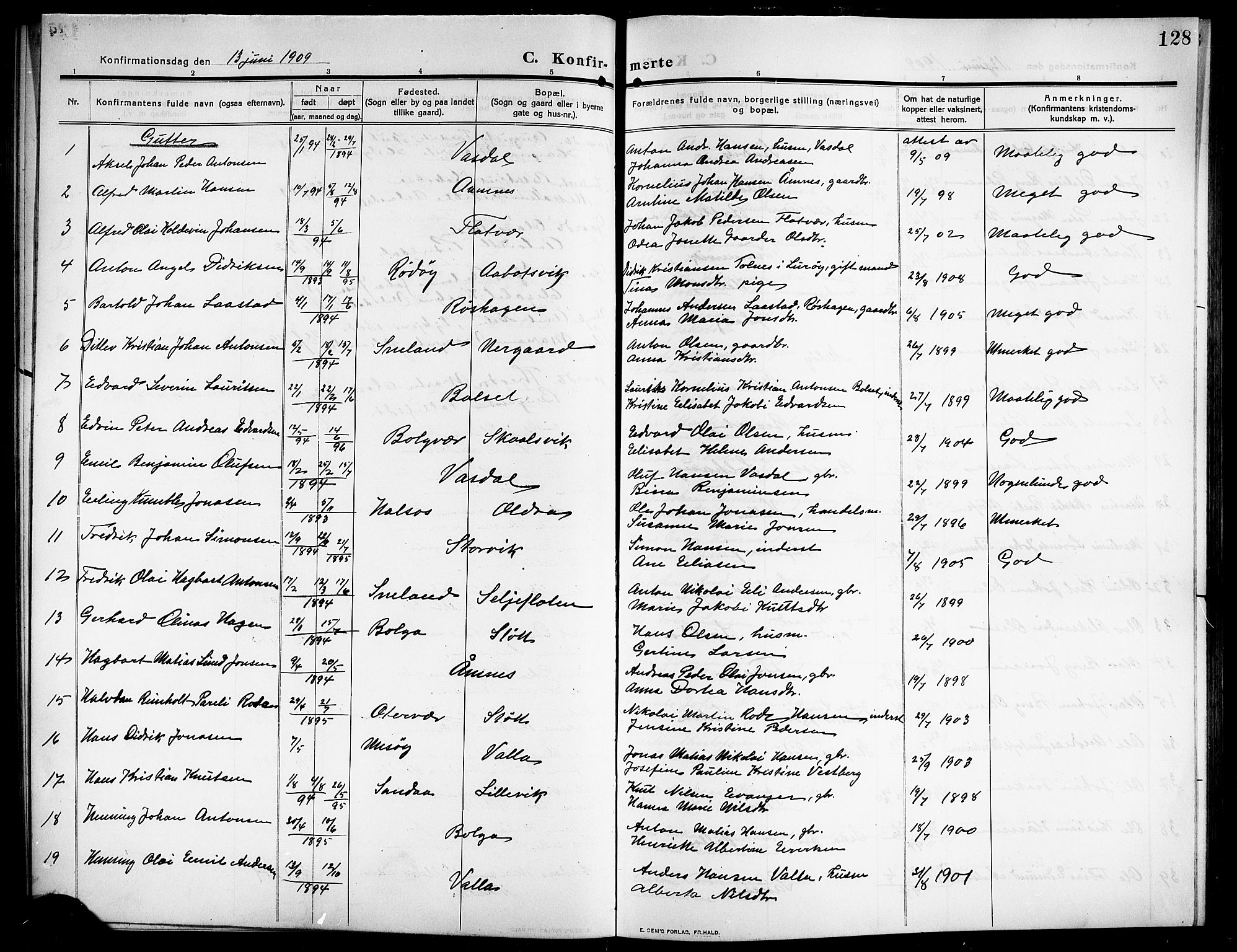 Ministerialprotokoller, klokkerbøker og fødselsregistre - Nordland, SAT/A-1459/843/L0639: Parish register (copy) no. 843C08, 1908-1924, p. 128