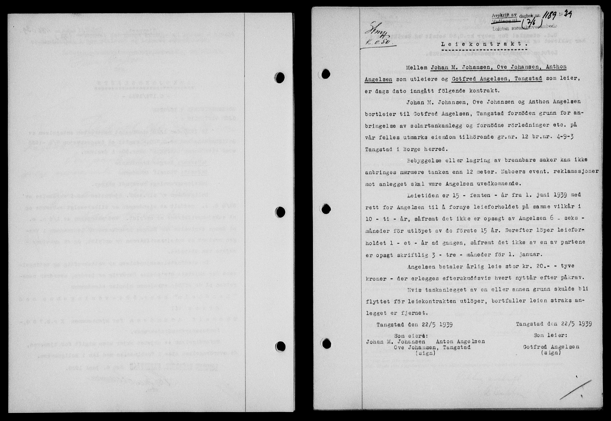 Lofoten sorenskriveri, SAT/A-0017/1/2/2C/L0005a: Mortgage book no. 5a, 1939-1939, Diary no: : 1189/1939