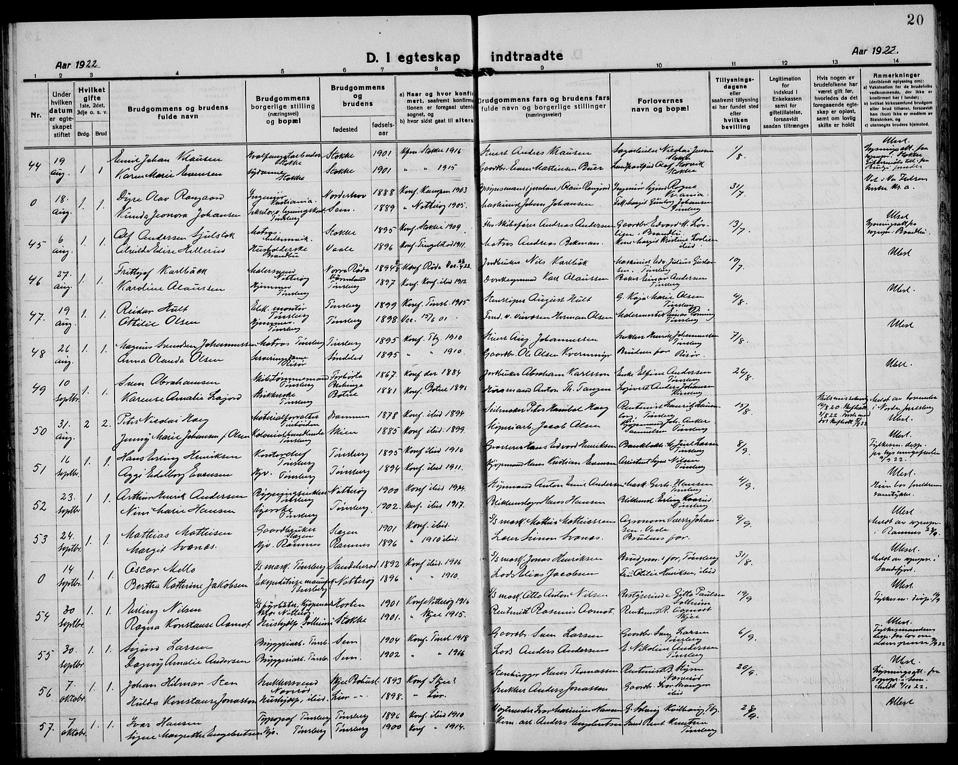 Tønsberg kirkebøker, AV/SAKO-A-330/G/Ga/L0016: Parish register (copy) no. 16, 1920-1933, p. 20