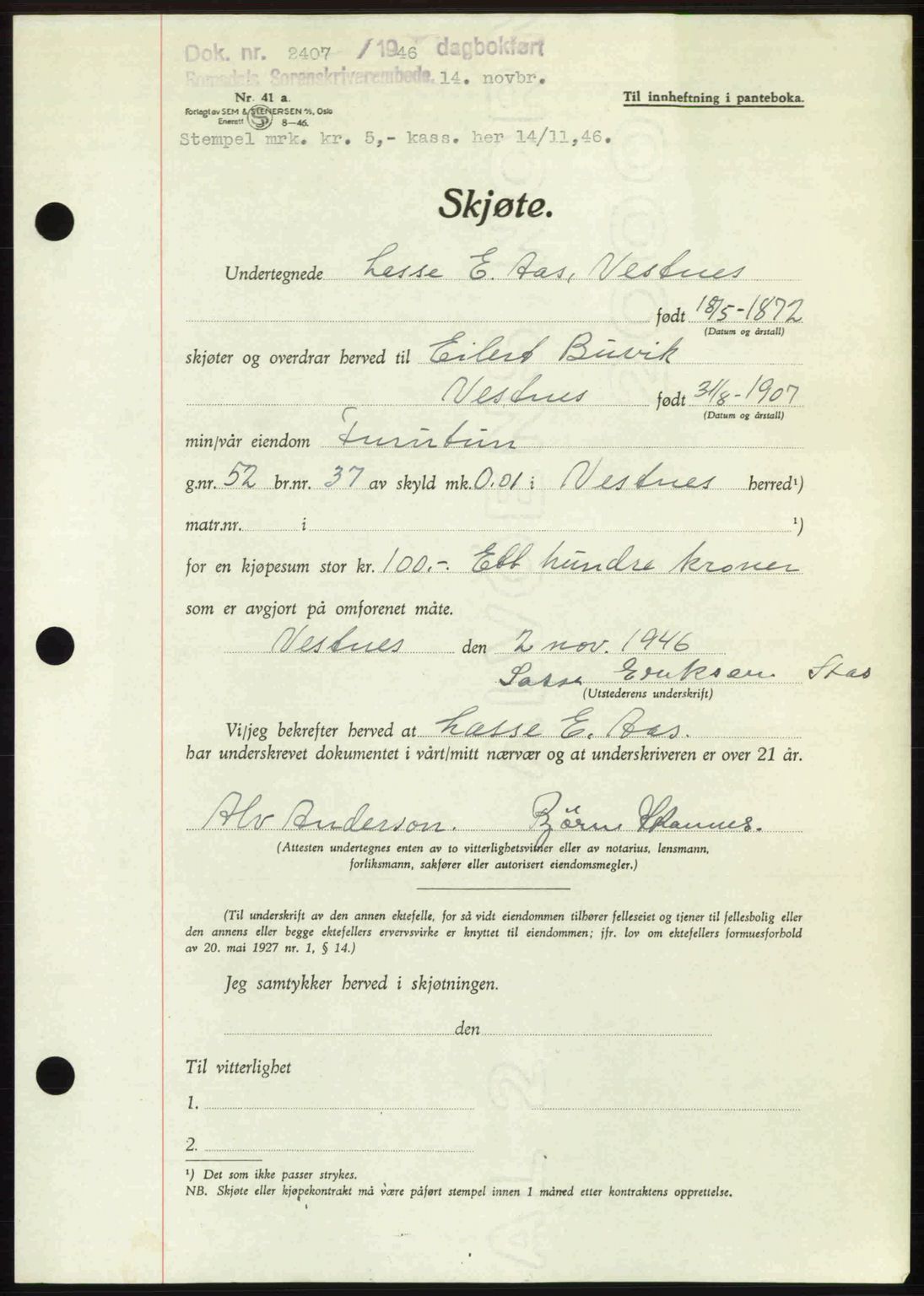 Romsdal sorenskriveri, AV/SAT-A-4149/1/2/2C: Mortgage book no. A21, 1946-1946, Diary no: : 2407/1946