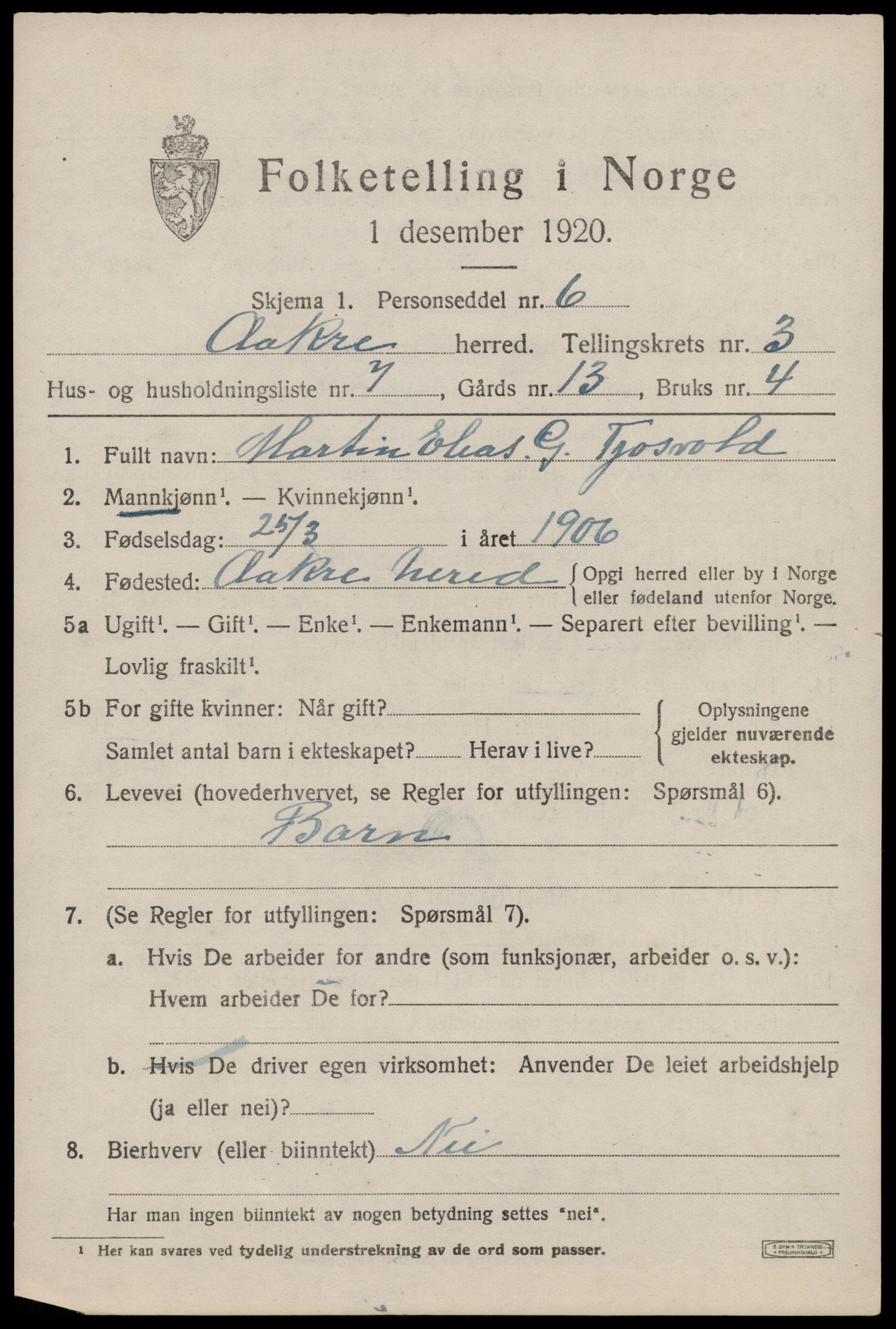 SAST, 1920 census for Åkra, 1920, p. 4386