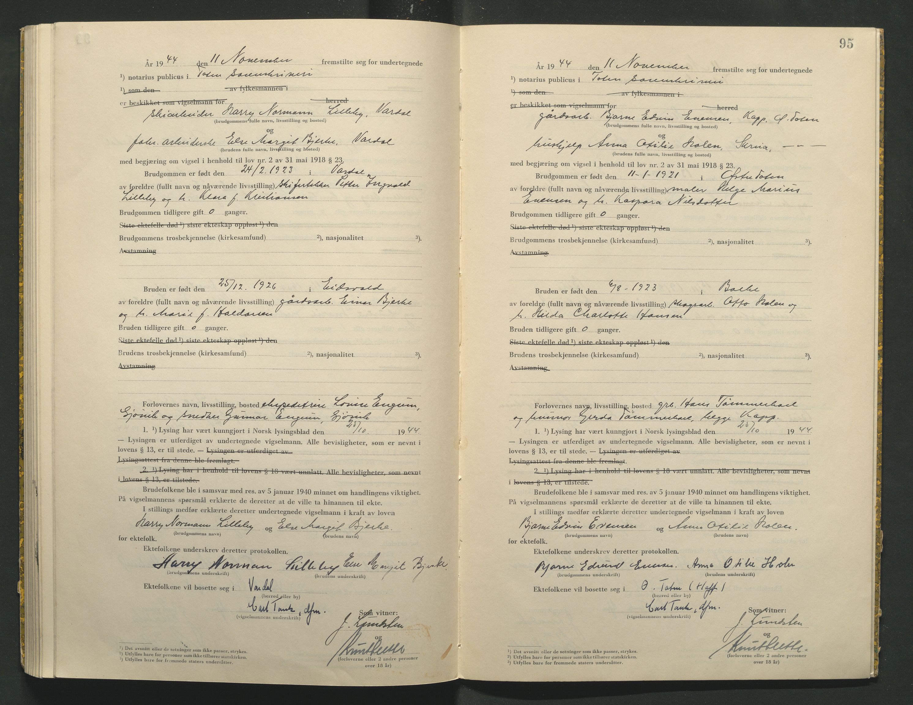Toten tingrett, AV/SAH-TING-006/L/Lc/L0004: Vigselbok, 1944, p. 95