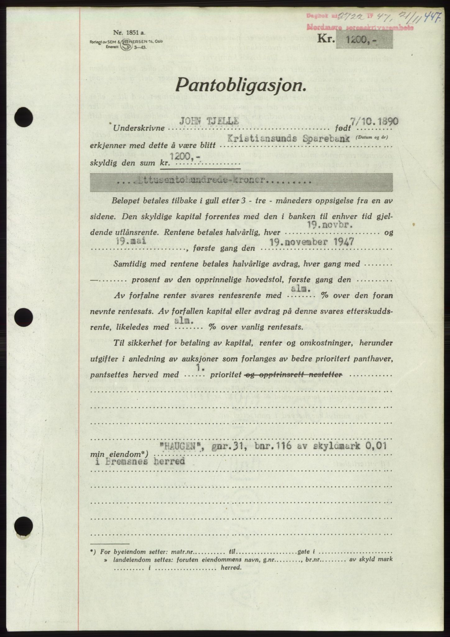 Nordmøre sorenskriveri, AV/SAT-A-4132/1/2/2Ca: Mortgage book no. B97, 1947-1948, Diary no: : 2722/1947