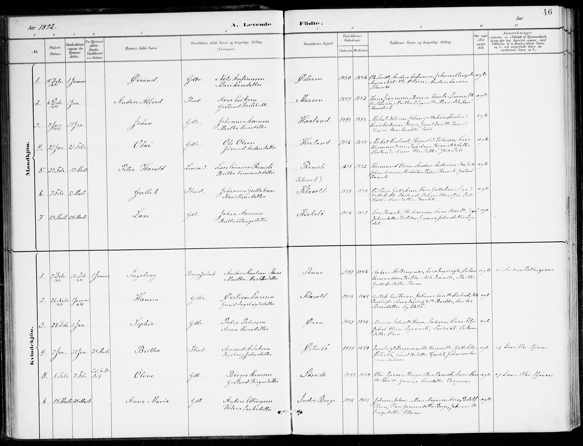 Lavik sokneprestembete, AV/SAB-A-80901: Parish register (official) no. C 1, 1882-1904, p. 46