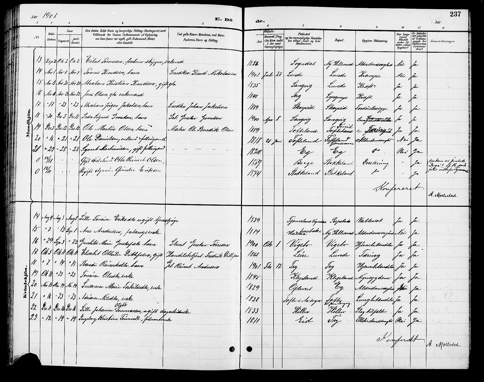 Søgne sokneprestkontor, AV/SAK-1111-0037/F/Fb/Fbb/L0006: Parish register (copy) no. B 6, 1892-1911, p. 237