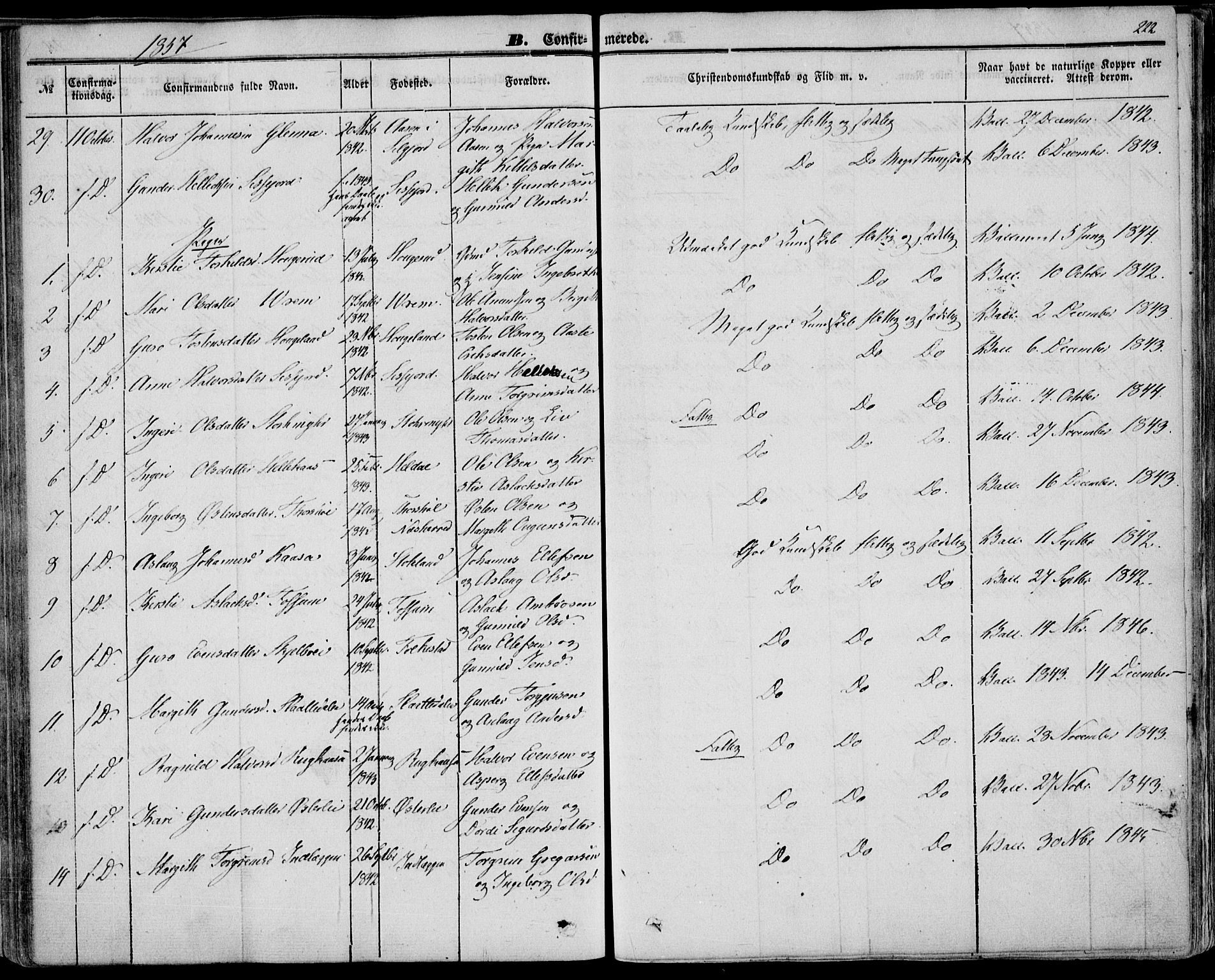 Bø kirkebøker, AV/SAKO-A-257/F/Fa/L0008: Parish register (official) no. 8, 1849-1861, p. 222