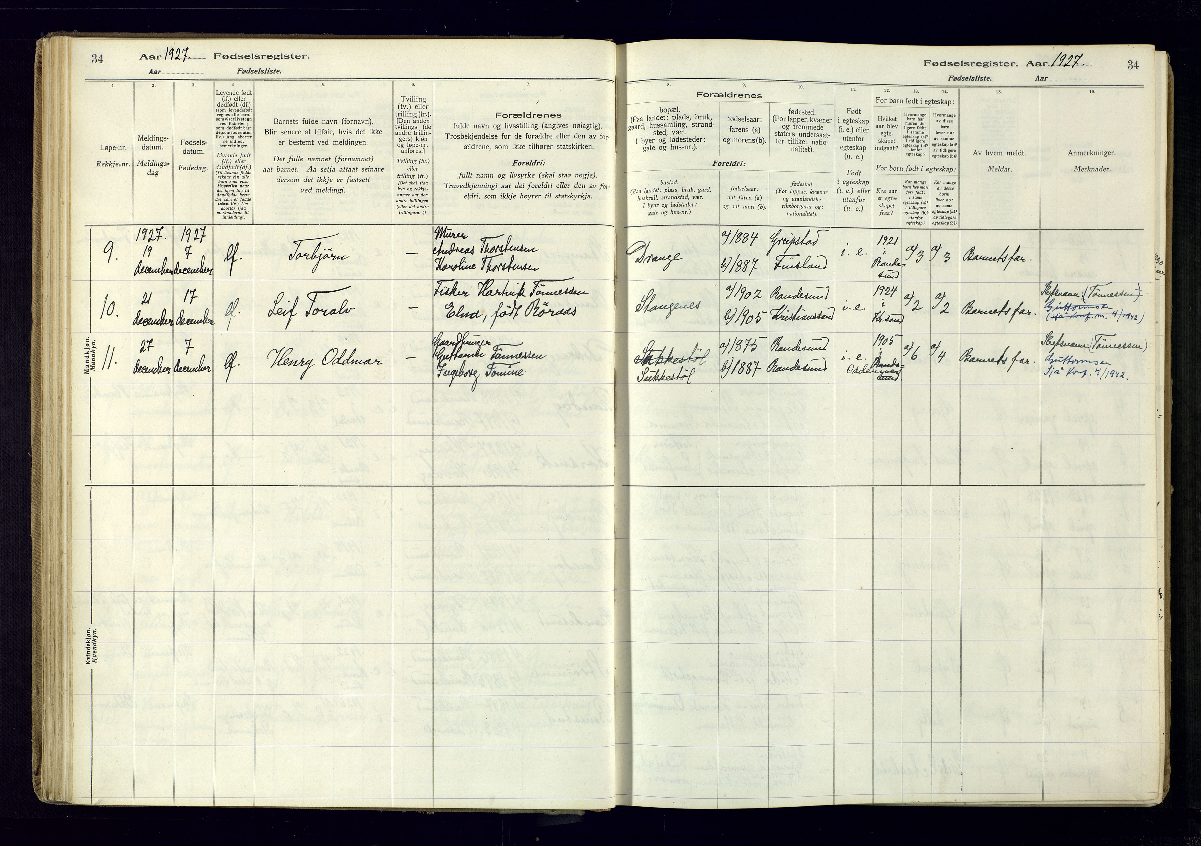 Oddernes sokneprestkontor, AV/SAK-1111-0033/J/Ja/L0007: Birth register no. 7, 1916-1971, p. 34