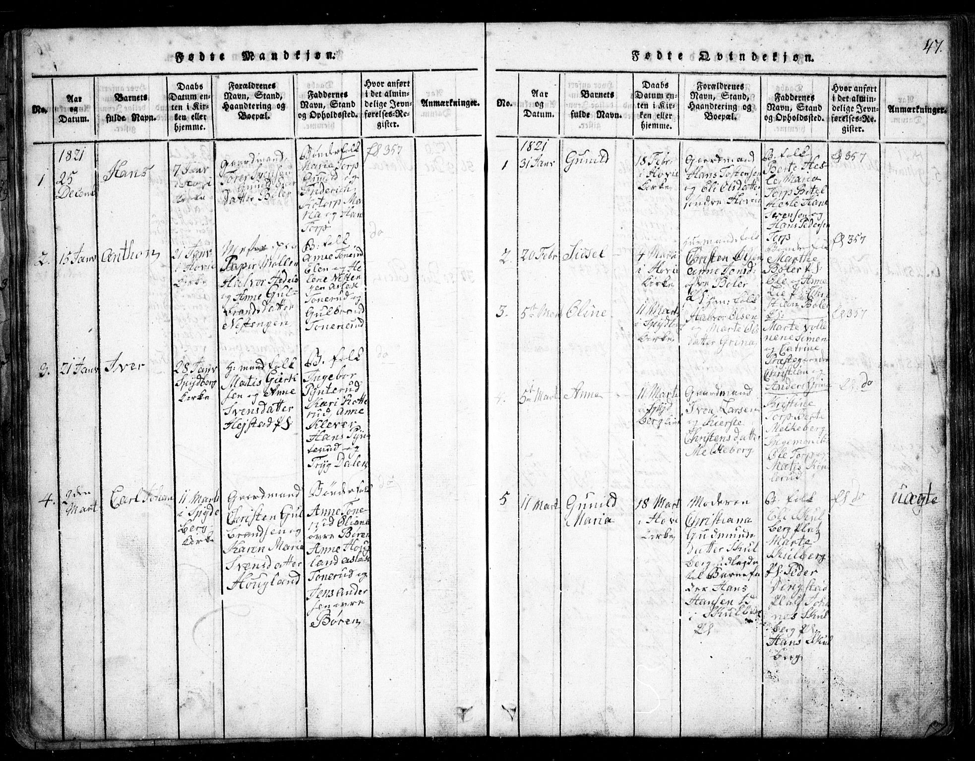 Spydeberg prestekontor Kirkebøker, AV/SAO-A-10924/G/Ga/L0001: Parish register (copy) no. I 1, 1814-1868, p. 47