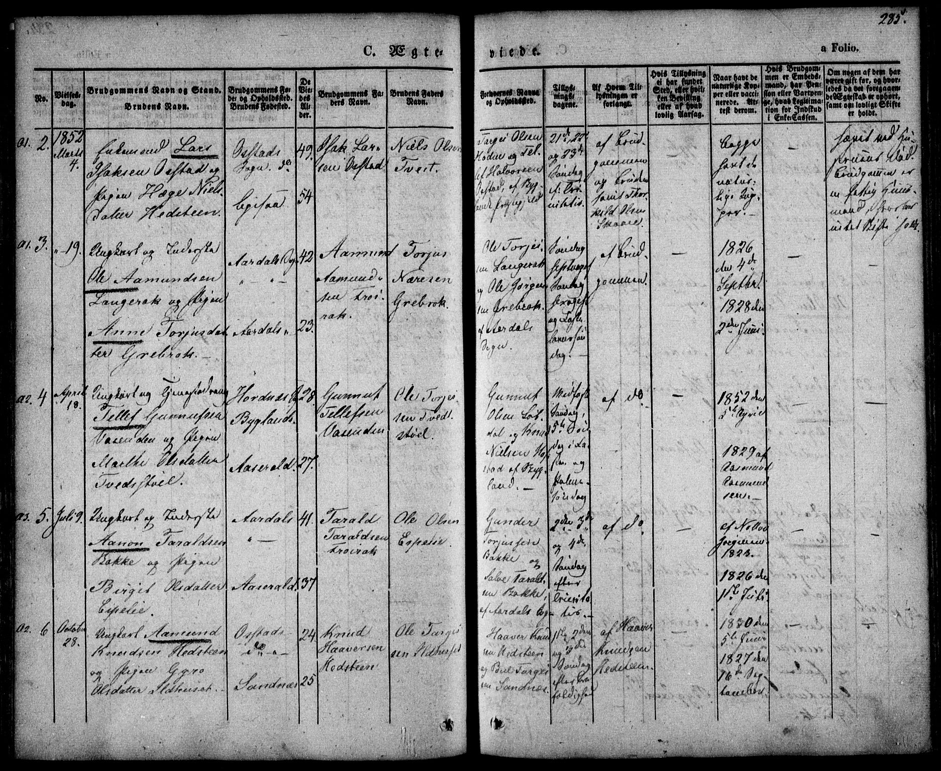 Bygland sokneprestkontor, AV/SAK-1111-0006/F/Fa/Fab/L0004: Parish register (official) no. A 4, 1842-1858, p. 285